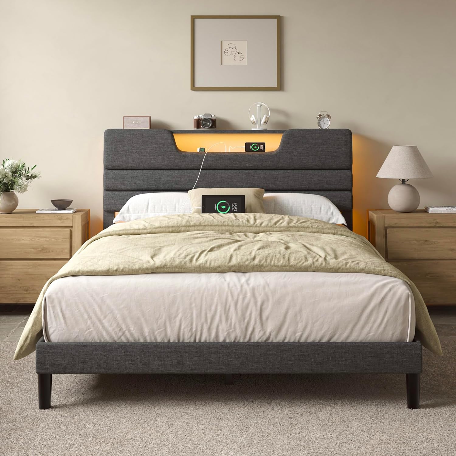 Furnulem Queen Size Bed Frames with Upholstered Headboard Bed with Charging Station and Led Lights Bed Frame with Sturdy Wooden Slats/2-Tier Storage