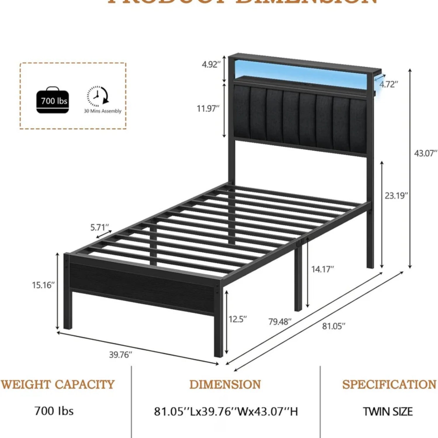 Furnulem Bed Frame with Charging Station, LED Lights & Storage Shelves – Metal Slats, No Box Spring