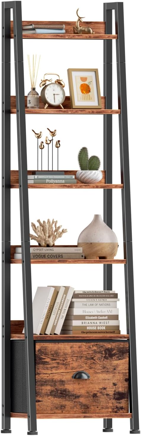 Rustic Brown 6 Tier Ladder Bookshelf with Drawer Tall Industrial Wood Metal Freestanding Storage Rack Etagere Display Bookcase for Home Office Rooms