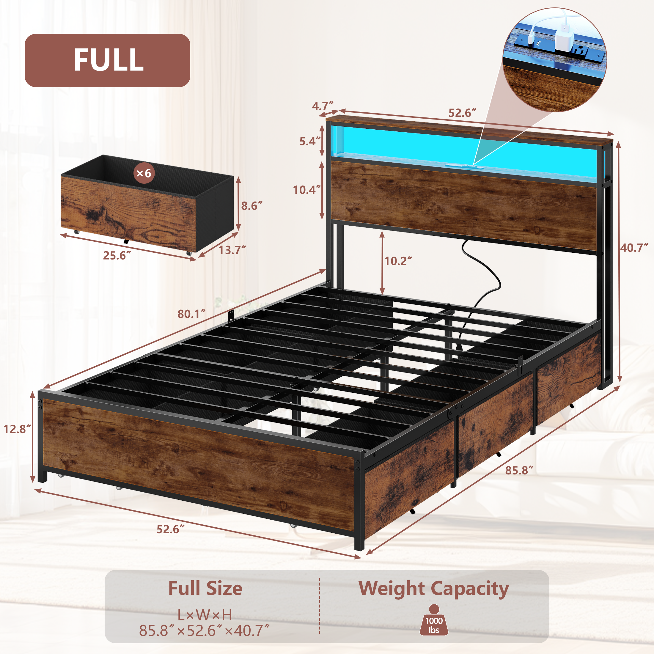 Full Size Bed Frame with 6 Storage Drawers Metal Platform Bed Frame with 2-Tier Storage Headboard LED Built in Charging Station No Box Spring Needed