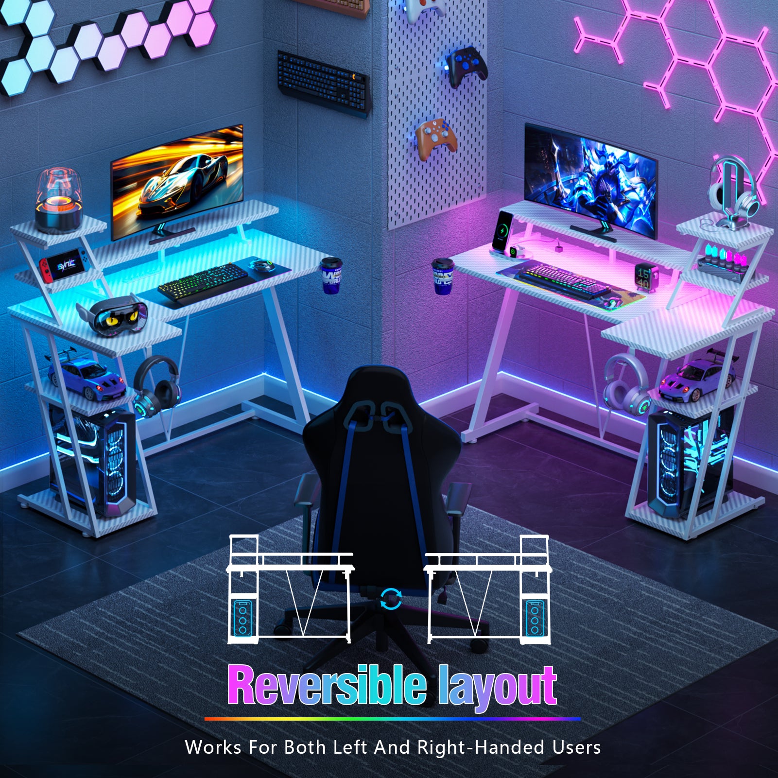 39 inch White Gaming Desk Small L Shaped Computer Table with Monitor Stand Storage Shelves Modern Gamer Corner Desk Office Carbon Fiber Sturdy Study