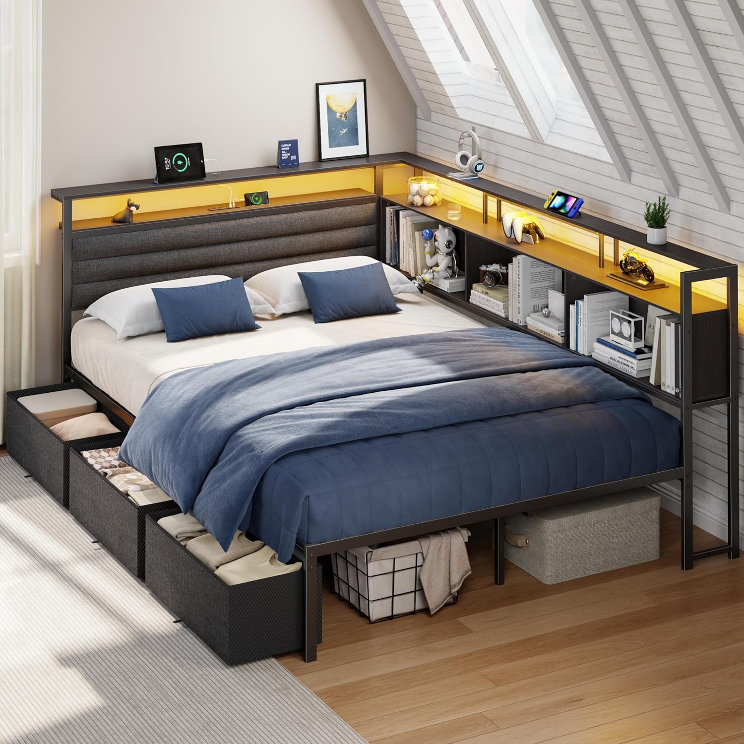 Furnulem Full Size Bed Frame with Headboard and Storage Drawers Full Metal Platform Corner Bed Frame with Charging Station and LED Lights