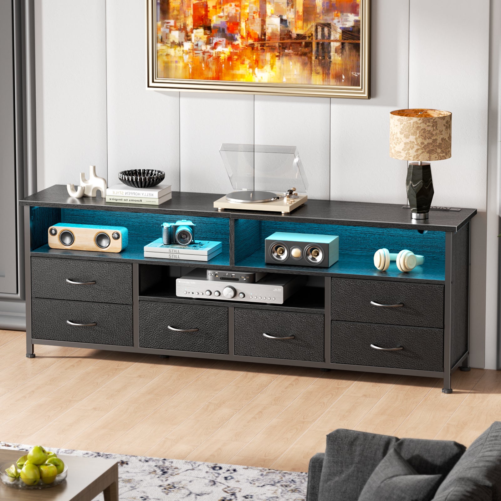 Qwatto 55 Inch Black TV Stand Dresser with Charging Station LED Lights 6 Fabric Drawers Entertainment Center for TVs up to 60 Inch Media Console