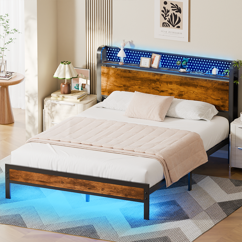 Furnulem Queen Bed Frame with Charging Station and LED Lights,Industrial Platform Beds with Storage Headboard USB Port Rustic Wood and Strong Metal