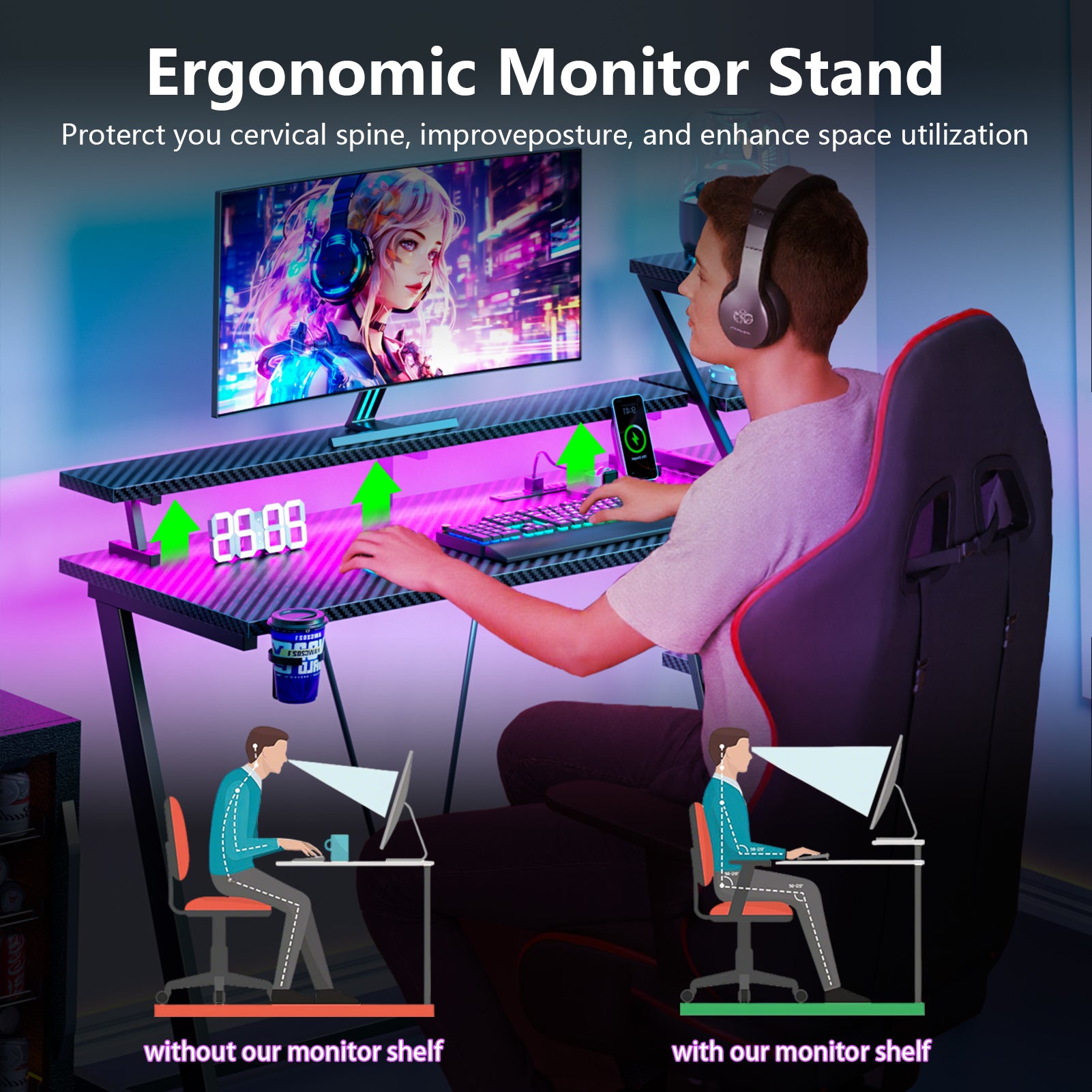 39 inch Black Gaming Desk Small L Shaped Computer Table with Monitor Stand Storage Shelves Modern Gamer Corner Desk Office Space Saving PC Room Desk