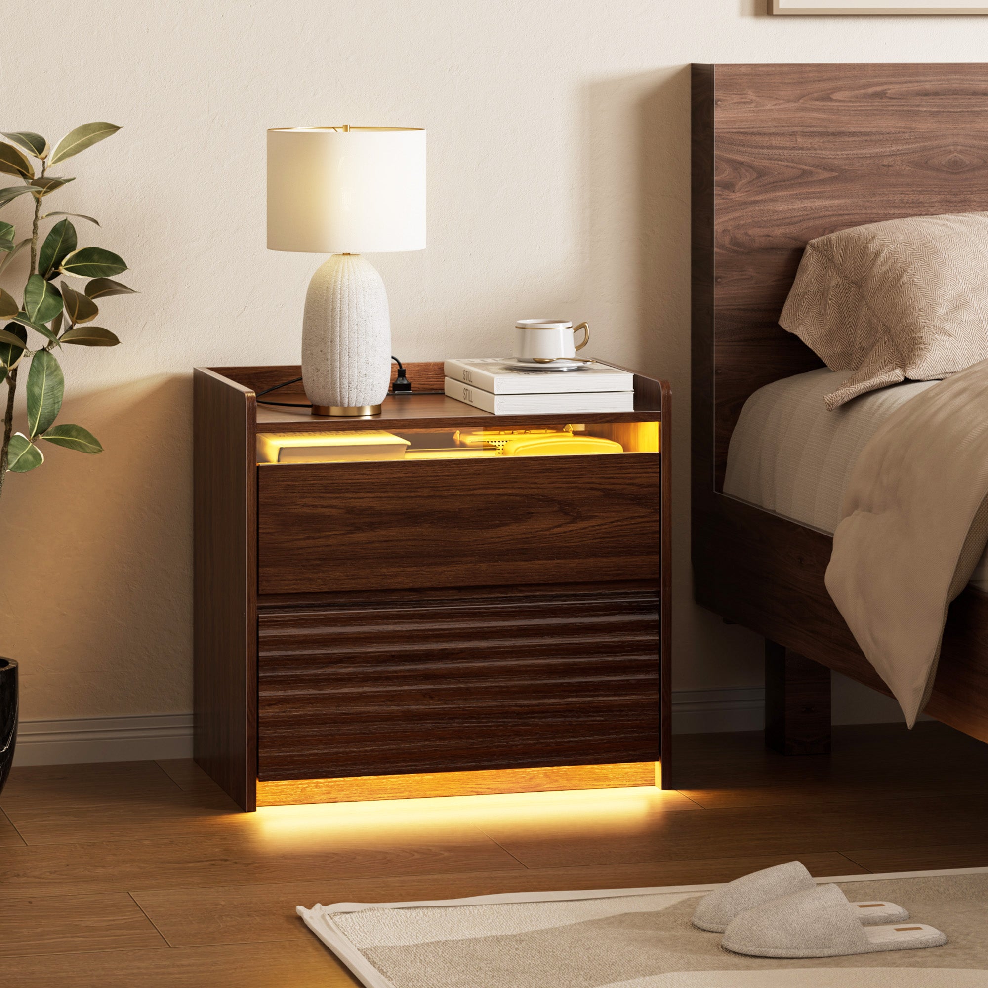 Qwatto Fluted Bedside Nightstand with Charging Station LED Light 2 Drawer Storage Cabinet Walnut Modern Side Table Bedroom Storage Cabinet