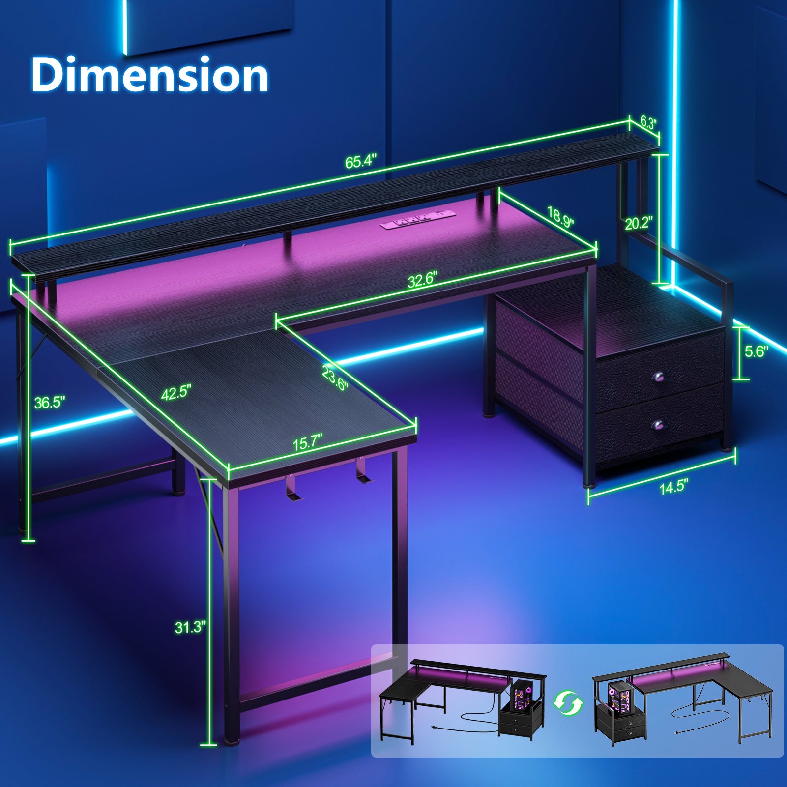 Qwatto 66 Inch Black L Shaped Computer Desk with Charging Station Reversible Gaming Desk LED Lights 2 Drawers Monitor Stand Storage Home Office