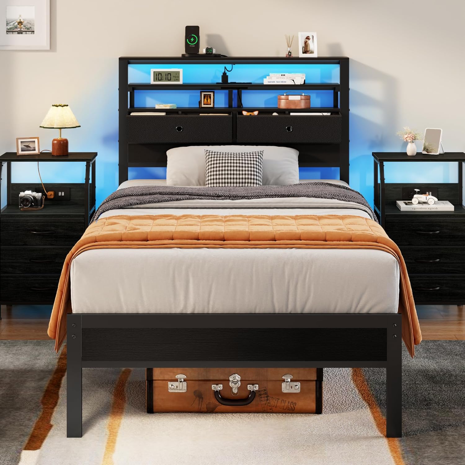 Furnulem Twin Bed Frames with Charging Station and LED Lights Wood Headboard with 2 Fabric Drawers and Storage Shelves Platform Bed with Metal Slats
