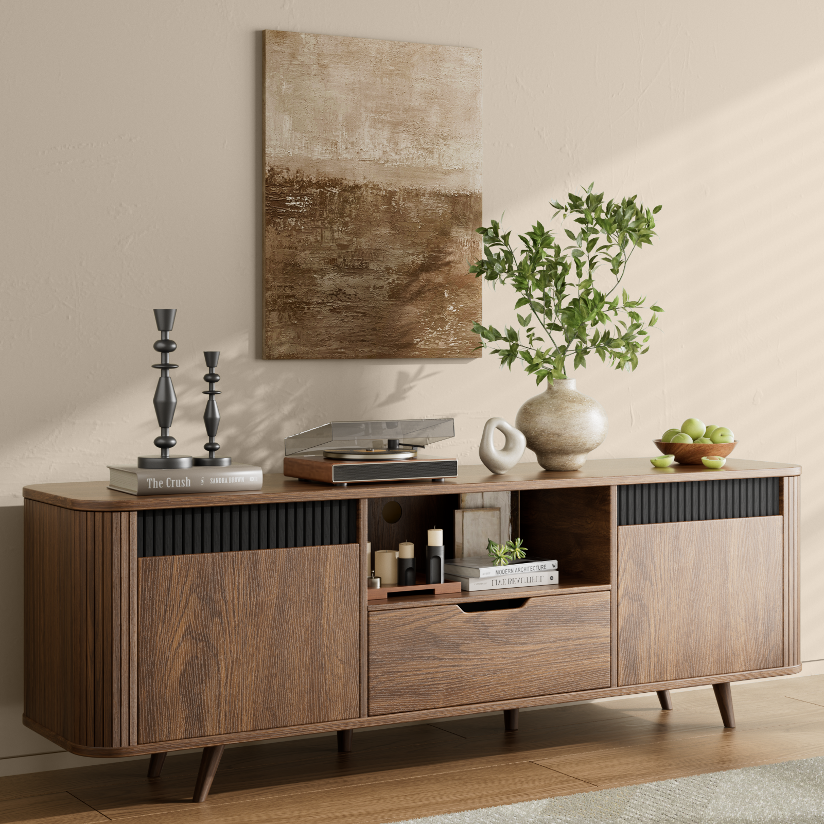 55" TV Stand with Storage for TVs up to 65" With Drawer slides Tambour Media Console With Charging Station Shelves Cable Management Wood Legs walnut