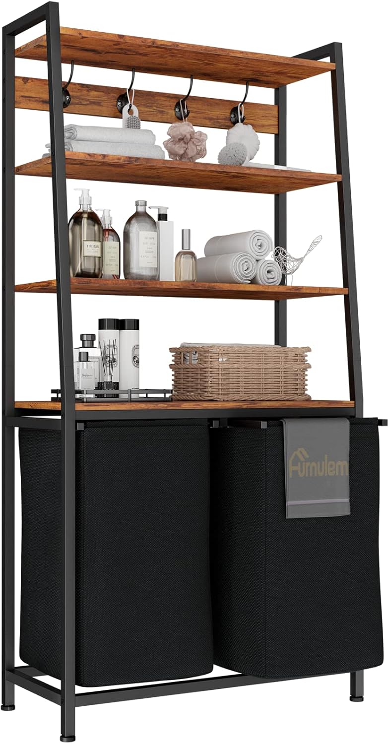 Furnulem 4-Tier Laundry Hamper with Shelf & Hooks – Tall Basket with 2 Removable Bags for Bathroom or Bedroom