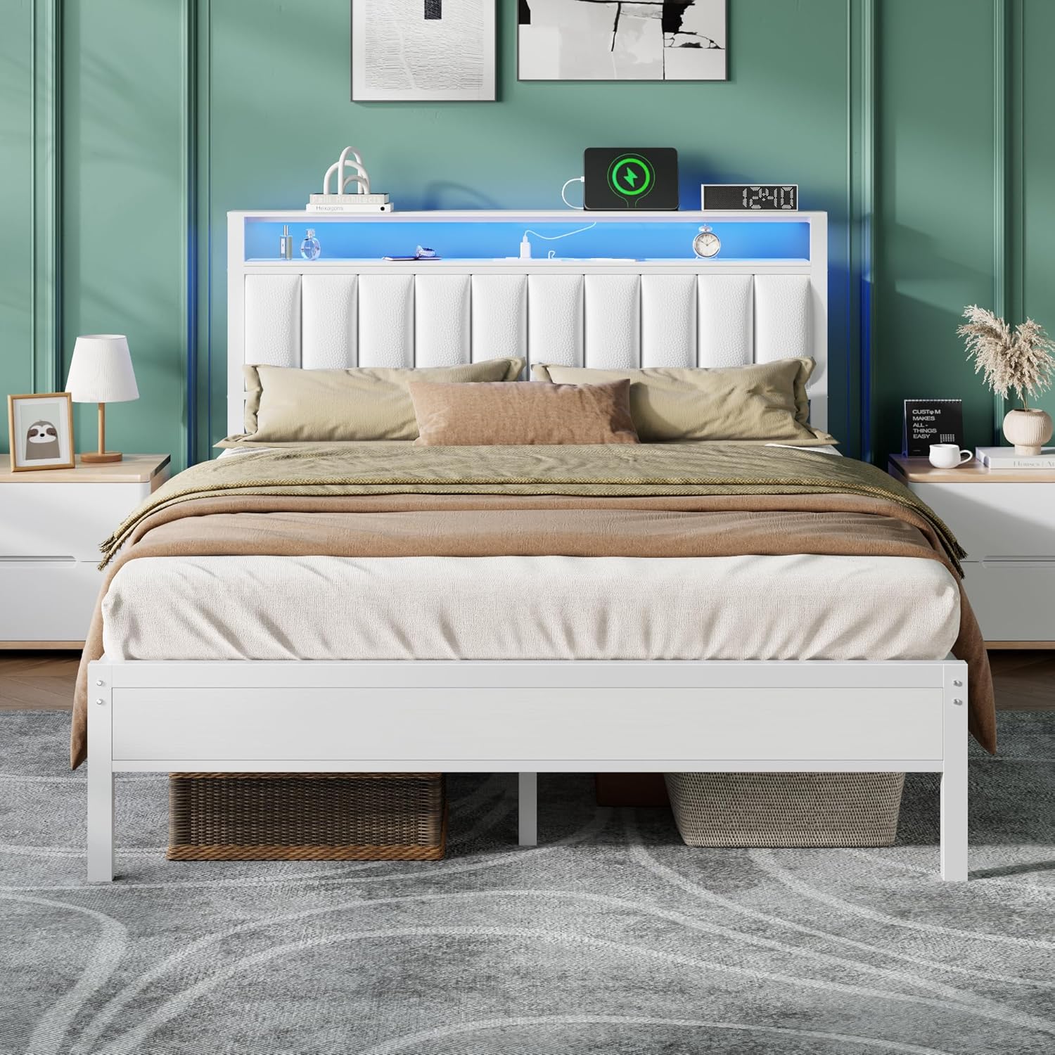 Furnulem White Queen Bed Frame with Charging Station Led Lights Pu Leather Upholstered Headboard W/ 2-Tier Storage Shelves No Box Spring Needed