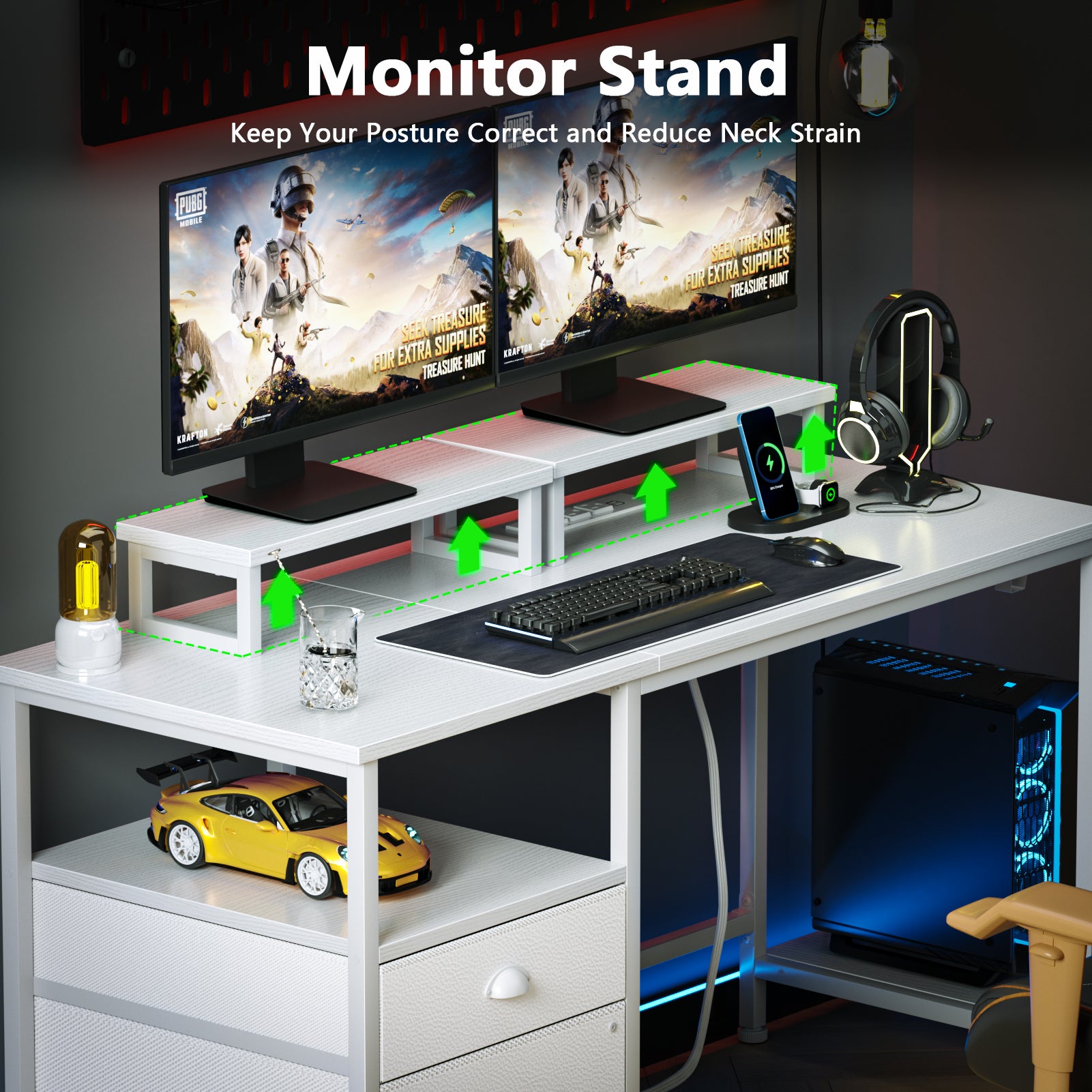 47 Inch White Computer Desk with Charging Station File Cabinet Home Office Gaming Desk 2 Monitor Stands Storage Drawer Shelves Writing Table Bedroom