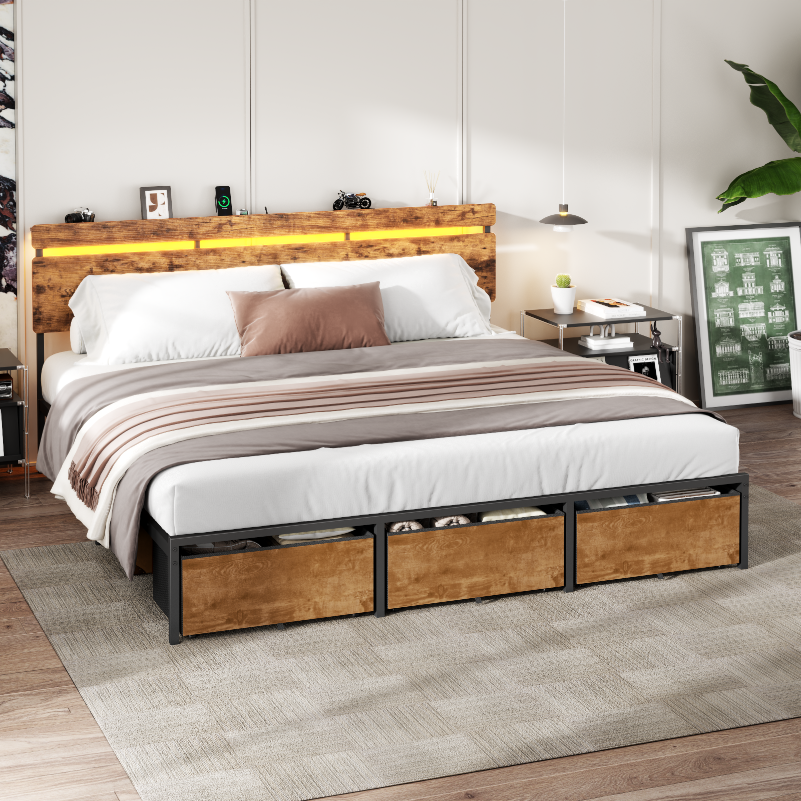 King Size Bed Frame with Wood Headboard, Metal Platform Bed with 3 Storage Drawers Shelf Built-in Charging Station LED Lights No Box Spring Needed