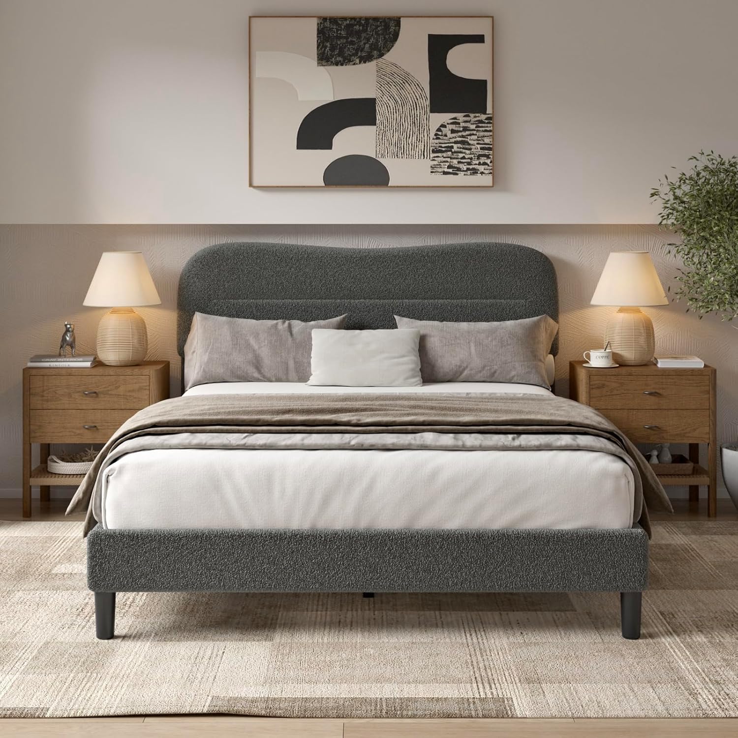 Queen Size Bed Frame with Headboard upholstered Bed Frame Soft Boucle Fabric Soft Cloud Marshmallow Shape Upholstered Headboard No Box Spring Needed