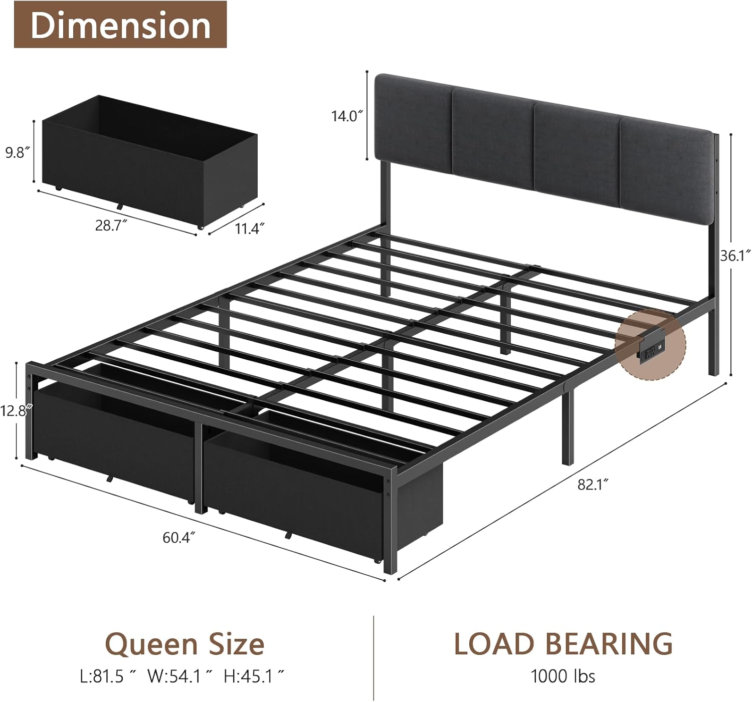 Furnulem Bed Frame with LED Headboard, Charging Station & Storage Drawers