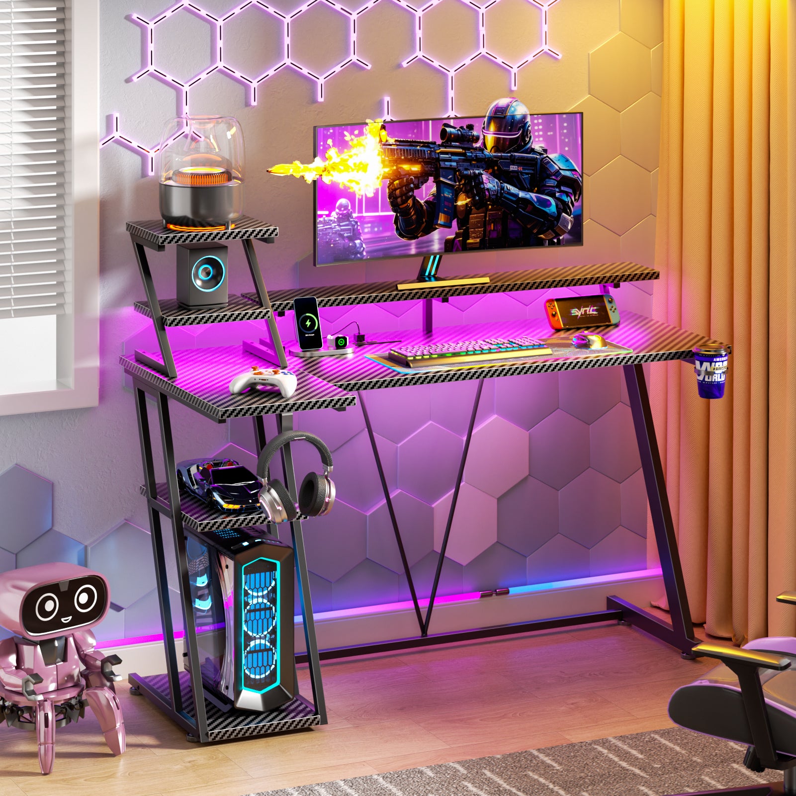 47 inch L Shaped Gaming Desk Black Small Spaces Corner Computer Table with Monitor Stand Storage Shelves Gamer Desk for Home Office PC Setup Station