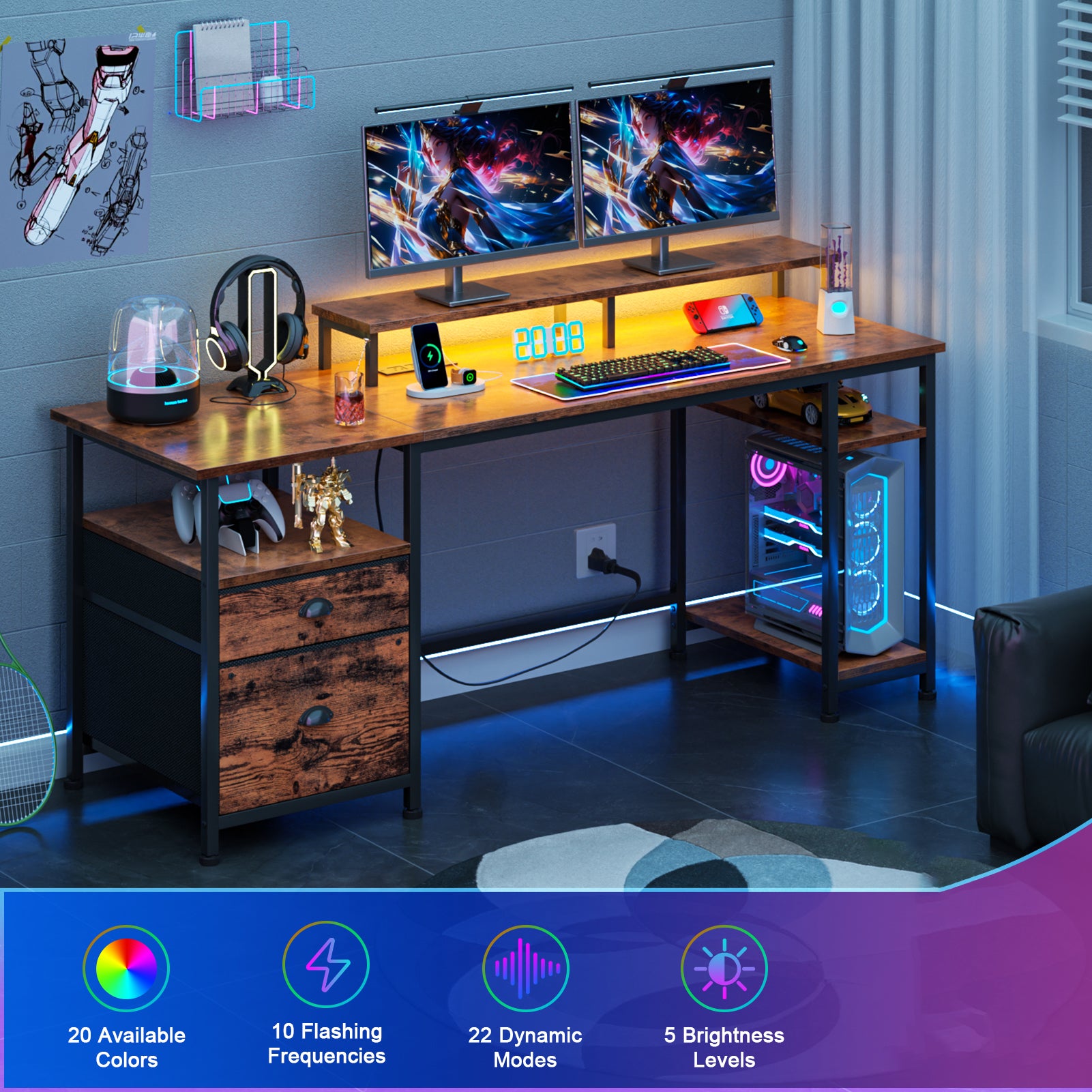 61 Inch Rustic Brown Computer Desk with Charging Station Reversible Gaming Desk LED Lights File Cabinet Monitor Stand Storage Shelves Home Office