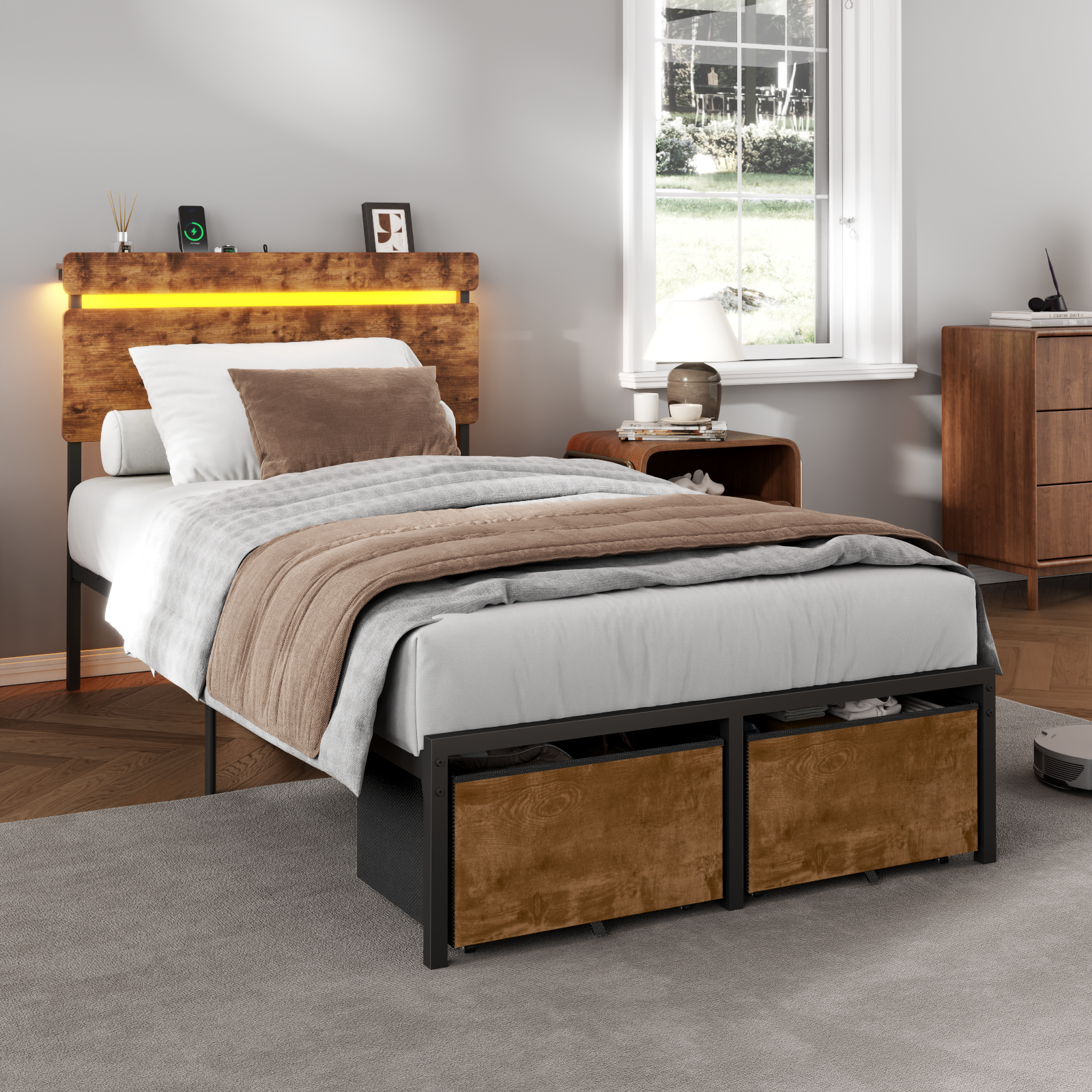 Twin Size Bed Frame with Wood Headboard Metal Platform Bed with 2 Storage Drawers Shelf Built in Charging Station LED Lights No Box Spring Needed