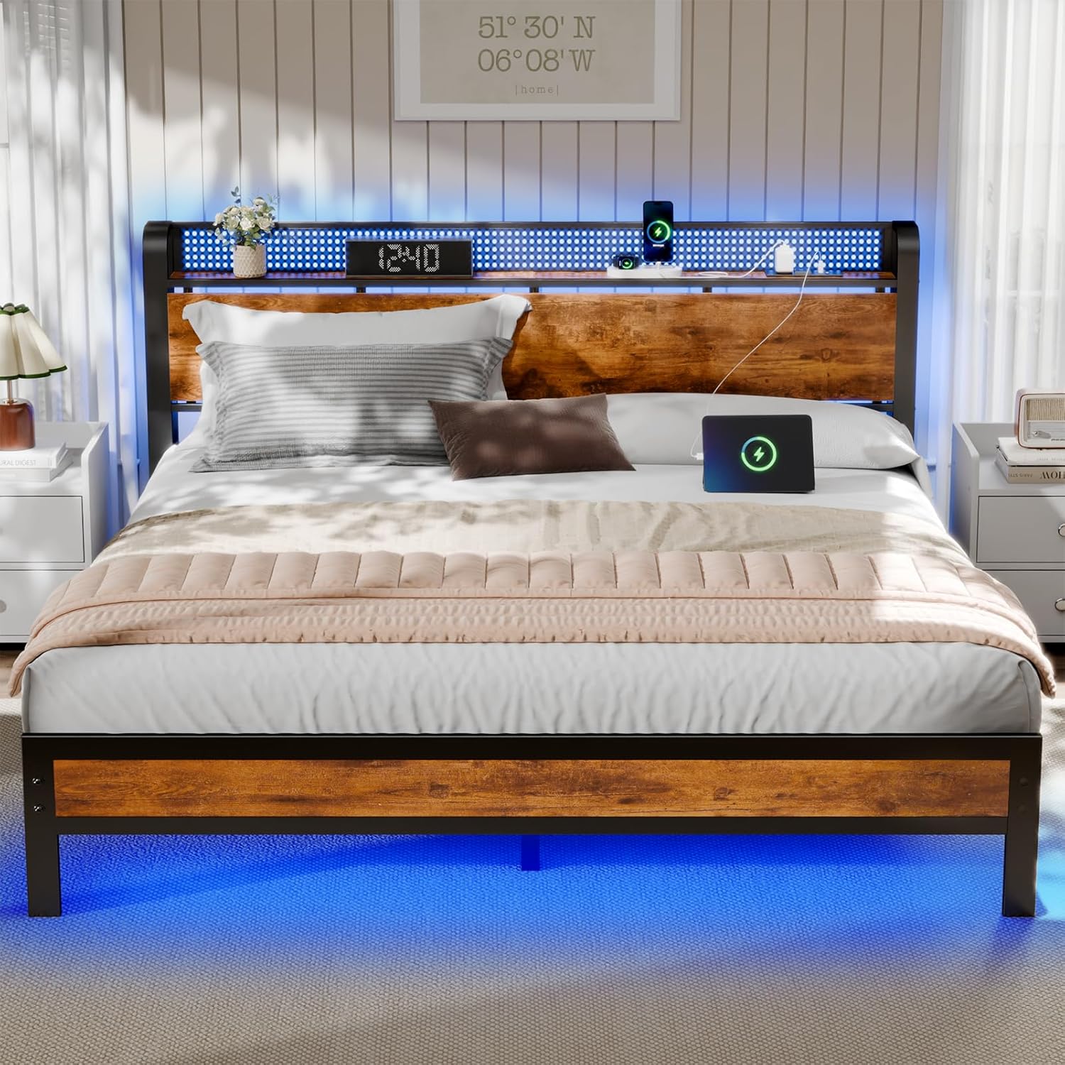Furnulem Queen Bed Frame with Charging Station and LED Lights,Industrial Platform Beds with Storage Headboard USB Port Rustic Wood and Strong Metal