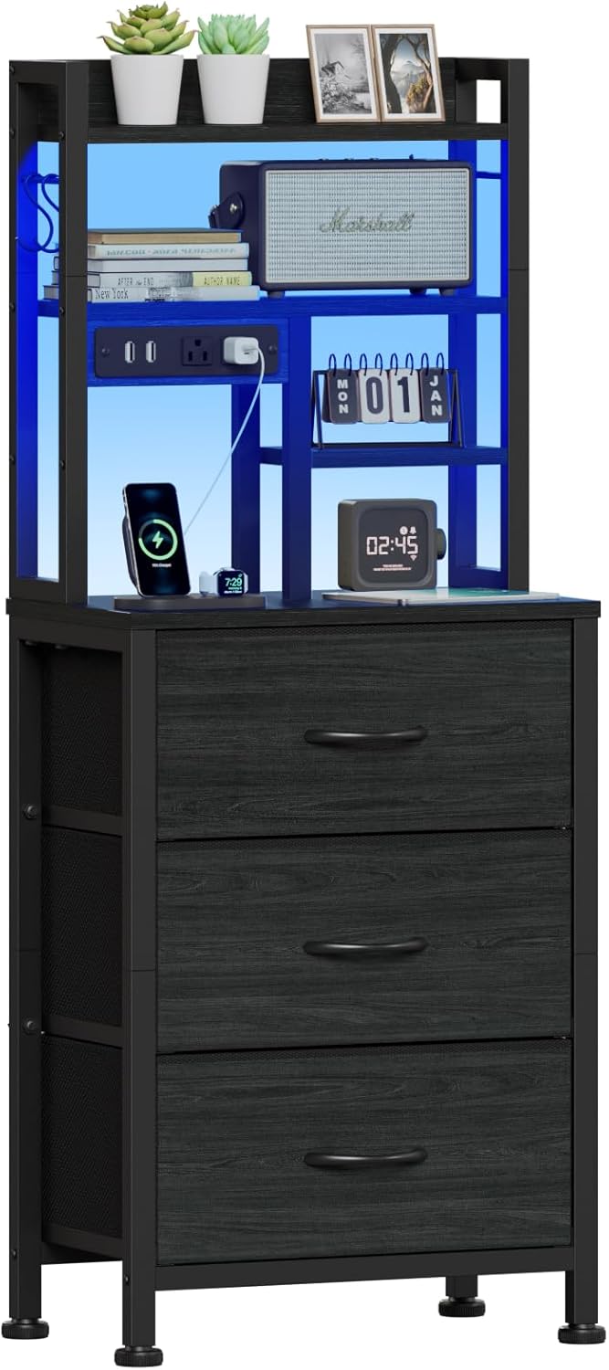 Qwatto 45.3in Tall Bedside Table with USB Charging Station and Light 3 Fabric Drawer Nightstand Bookshelf for Small Space Bedroom Dorm Black Oak Finish