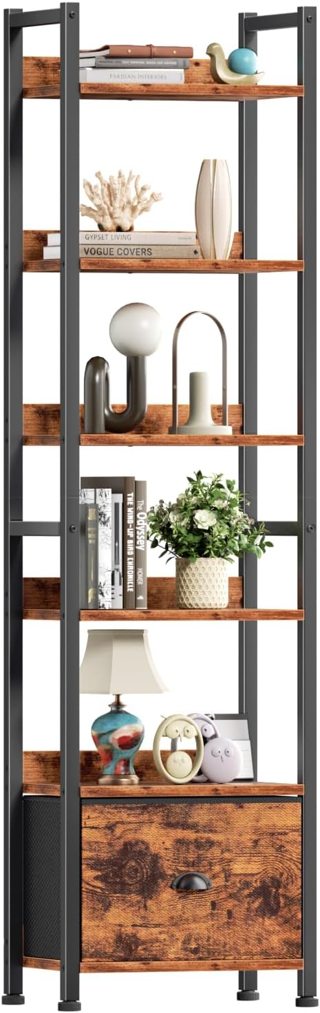 Qwatto Brown 6 Tier Bookshelf with Drawer Tall Industrial Wood Metal Freestanding Storage Display Shelves Etagere Bookcase Organizer for Home Office