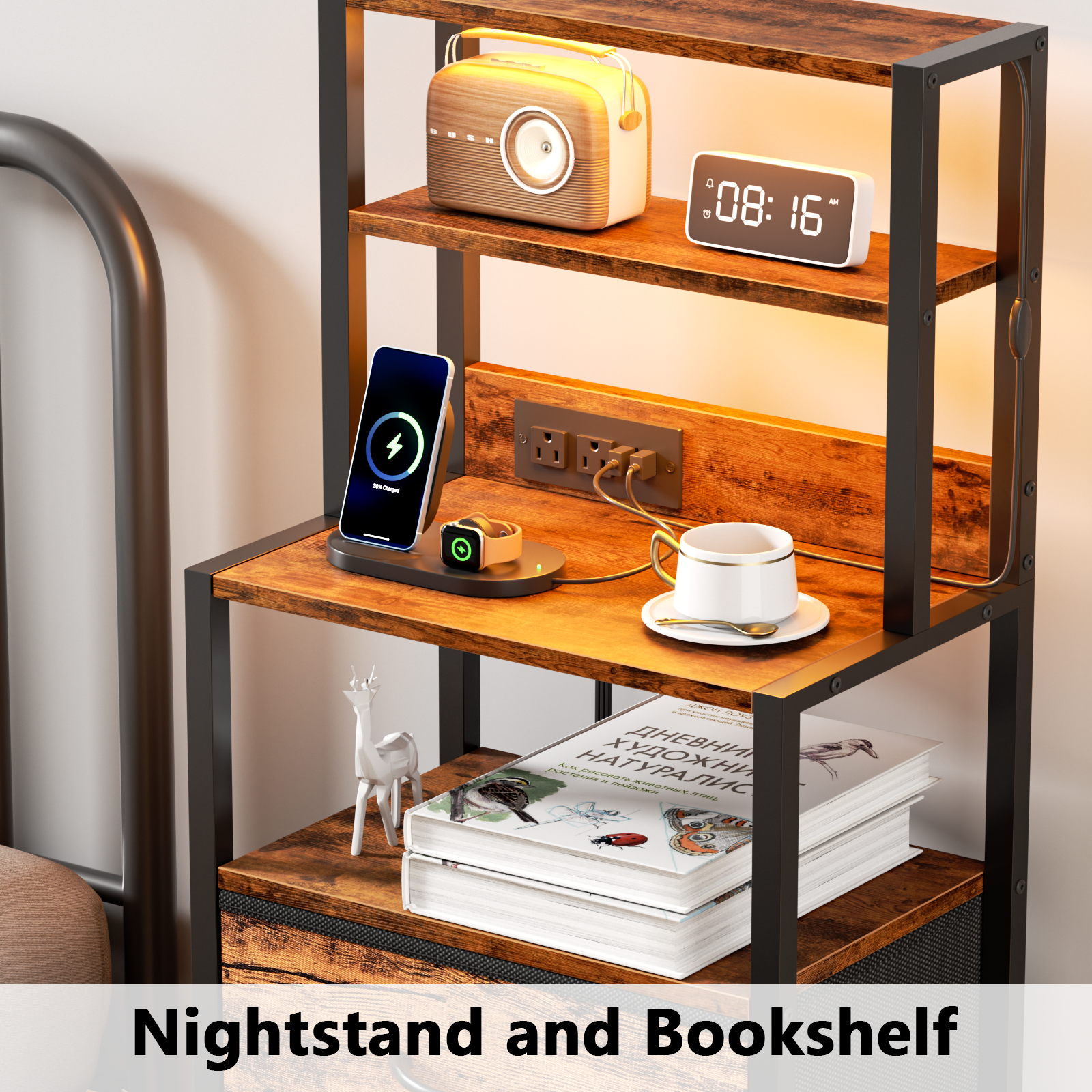 Tall Brown Nightstand 4 Tier Storage Shelves 3 PU Fabric Drawers Modern Bedside Table Narrow Accent Side End Table Organizer for Bedroom Living Room