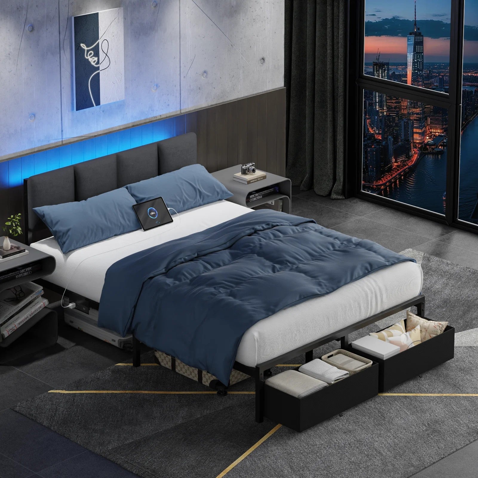 Bed Frame with 2 Drawers & 2 USB Ports and Outlets, No Box Spring Needed