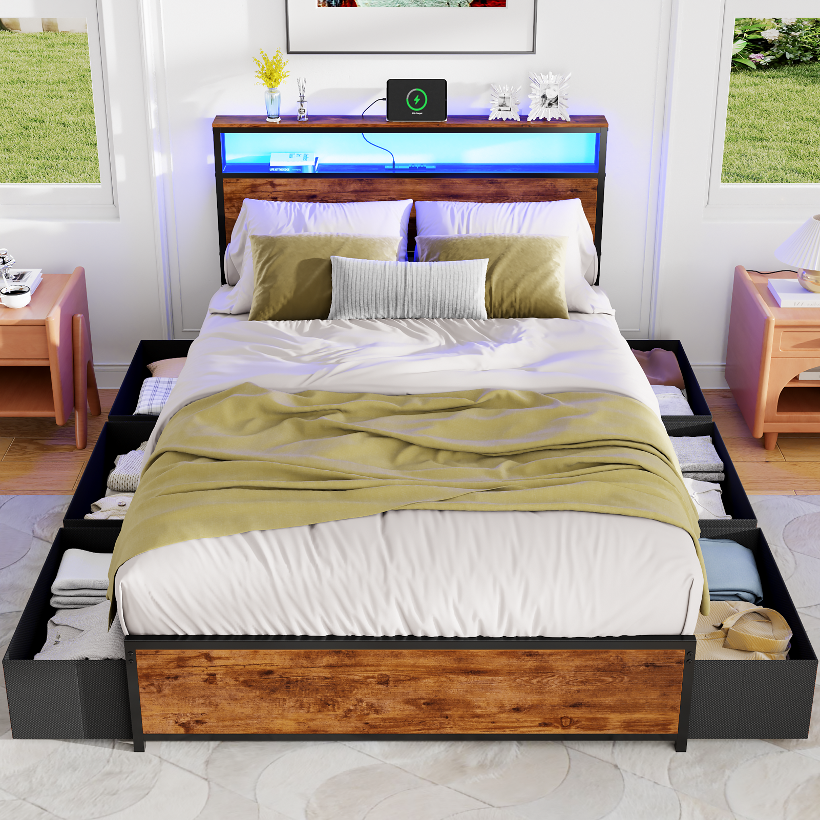 Full Size Bed Frame with 6 Storage Drawers Metal Platform Bed Frame with 2-Tier Storage Headboard LED Built in Charging Station No Box Spring Needed