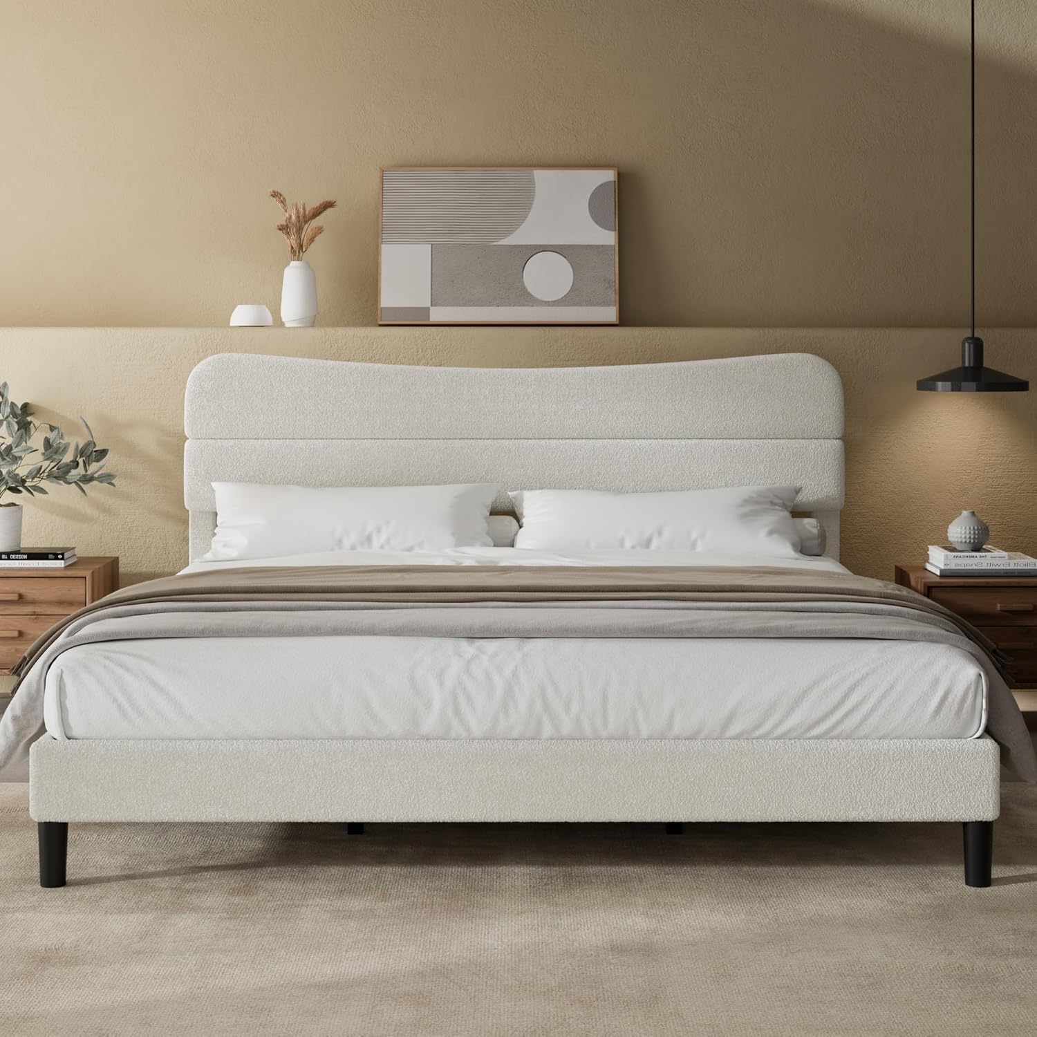King Size Bed Frame Upholstered King Bed Frame and Headboard, Teddy Soft Boucle Fabric bedframe Soft Cloud Marshmallow Shape Upholstered Headboard