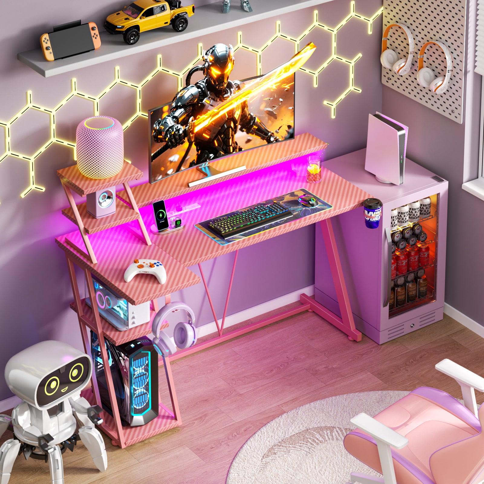 47 inch L Shaped Gaming Desk Pink Small Spaces Corner Computer Table with Monitor Stand Storage Shelves Gamer Desk Carbon Fiber Sturdy PC Room Desk