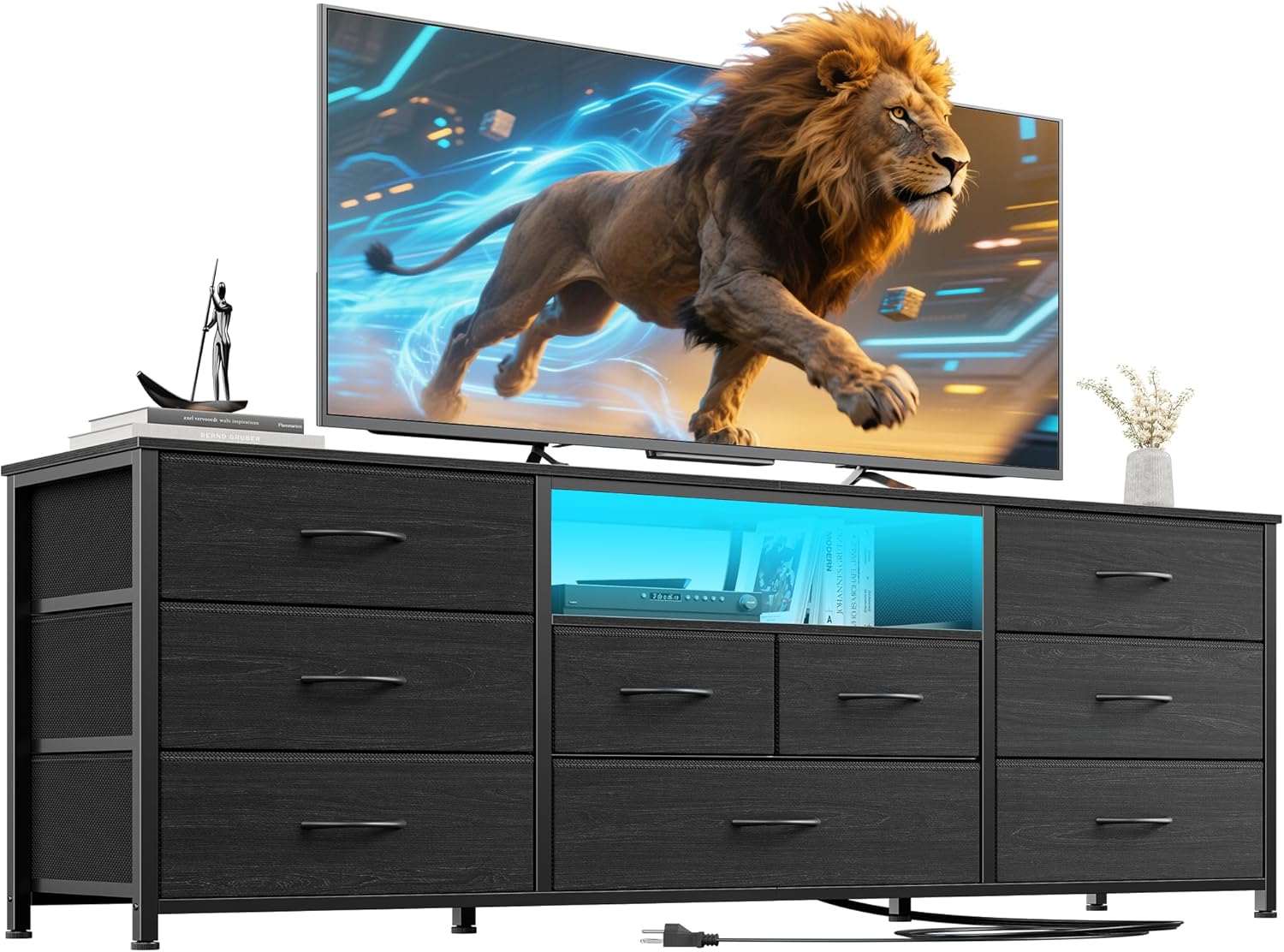 Furnulem 63" 9-Drawer Dresser TV Stand with LED & Power Outlet, Black Fabric Storage Cabinet for Bedroom or Closet, Fits 65–75" TVs