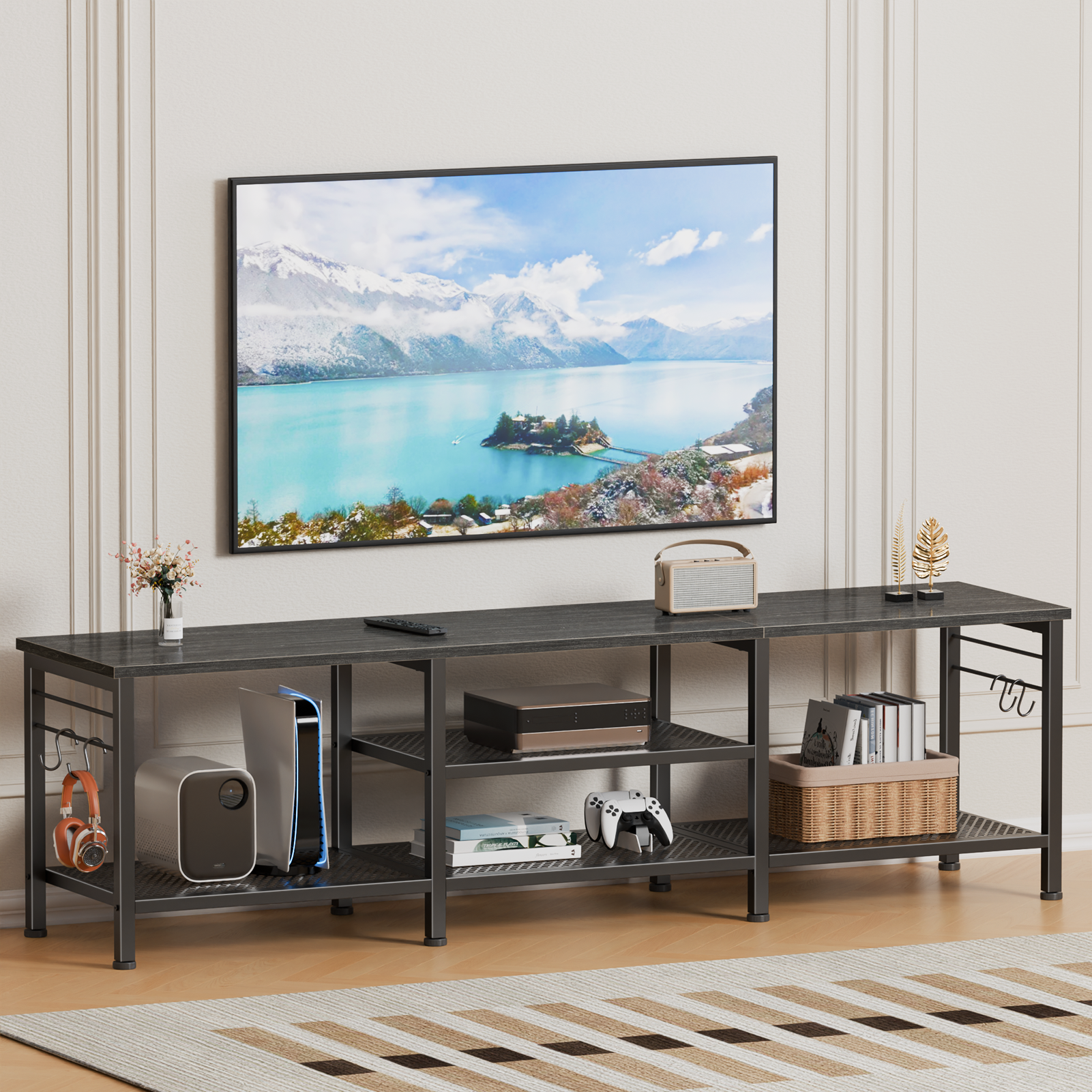 Qwatto 63 Inch Black Oak TV Stand for TVs up to 70 Inch Media Console Entertainment Center with Soundbar Shelf Open Storage Shelves Living Room Decor