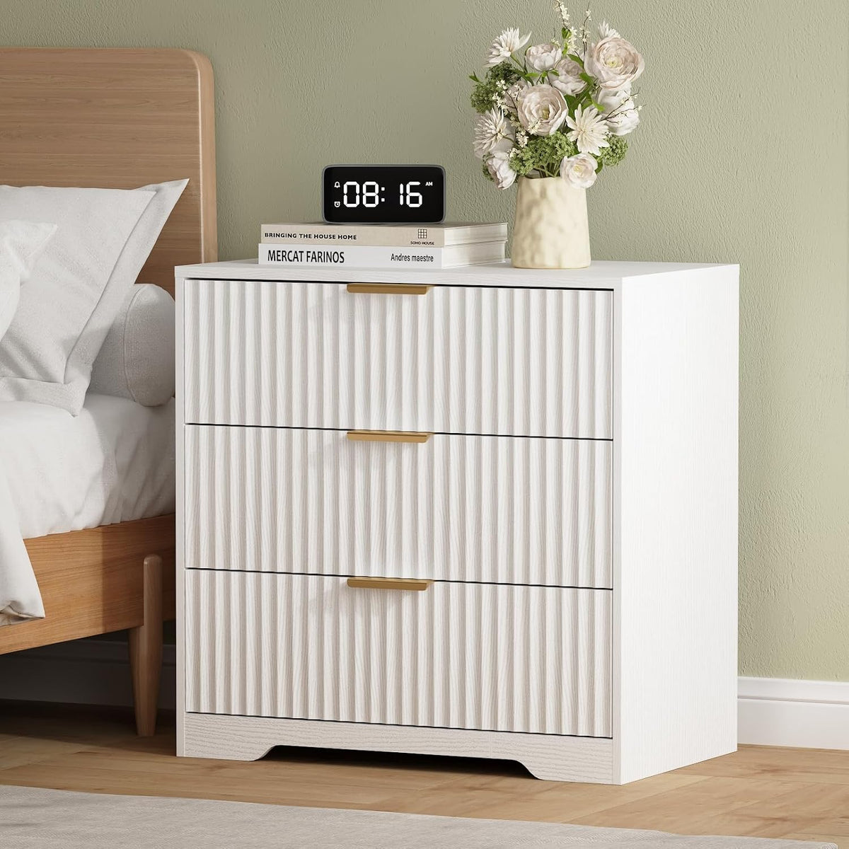 27-in Wide Fluted Night Stand 3 Drawers Large End Table with Storage White Nightstand Wood Bedside Tables Farmhouse Cabinet Dresser for Bedroom Closet