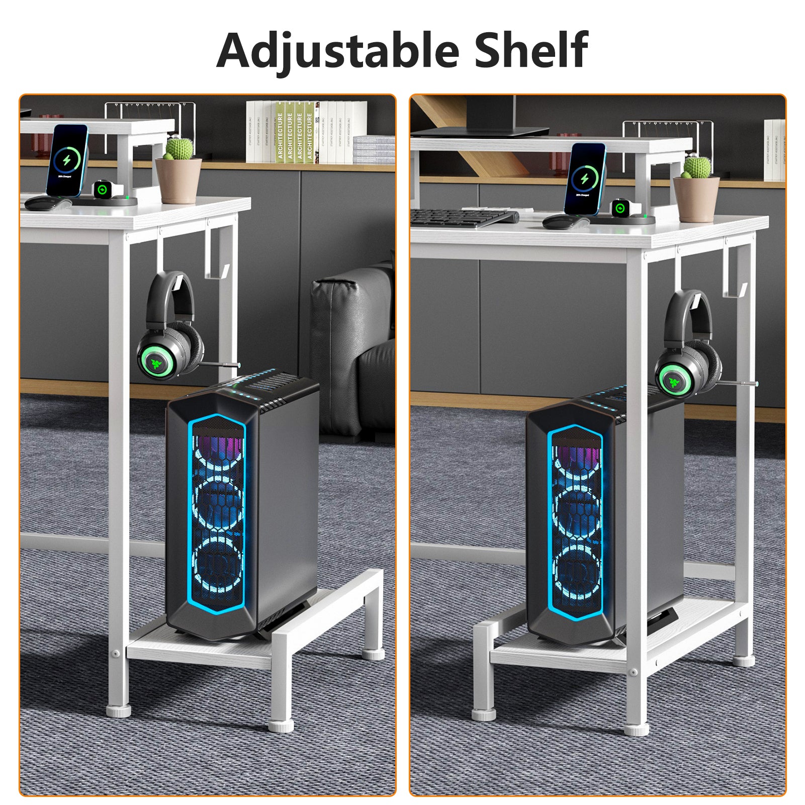 47 Inch White Computer Desk with Charging Station File Cabinet Home Office Gaming Desk 2 Monitor Stands Storage Drawer Shelves Writing Table Bedroom
