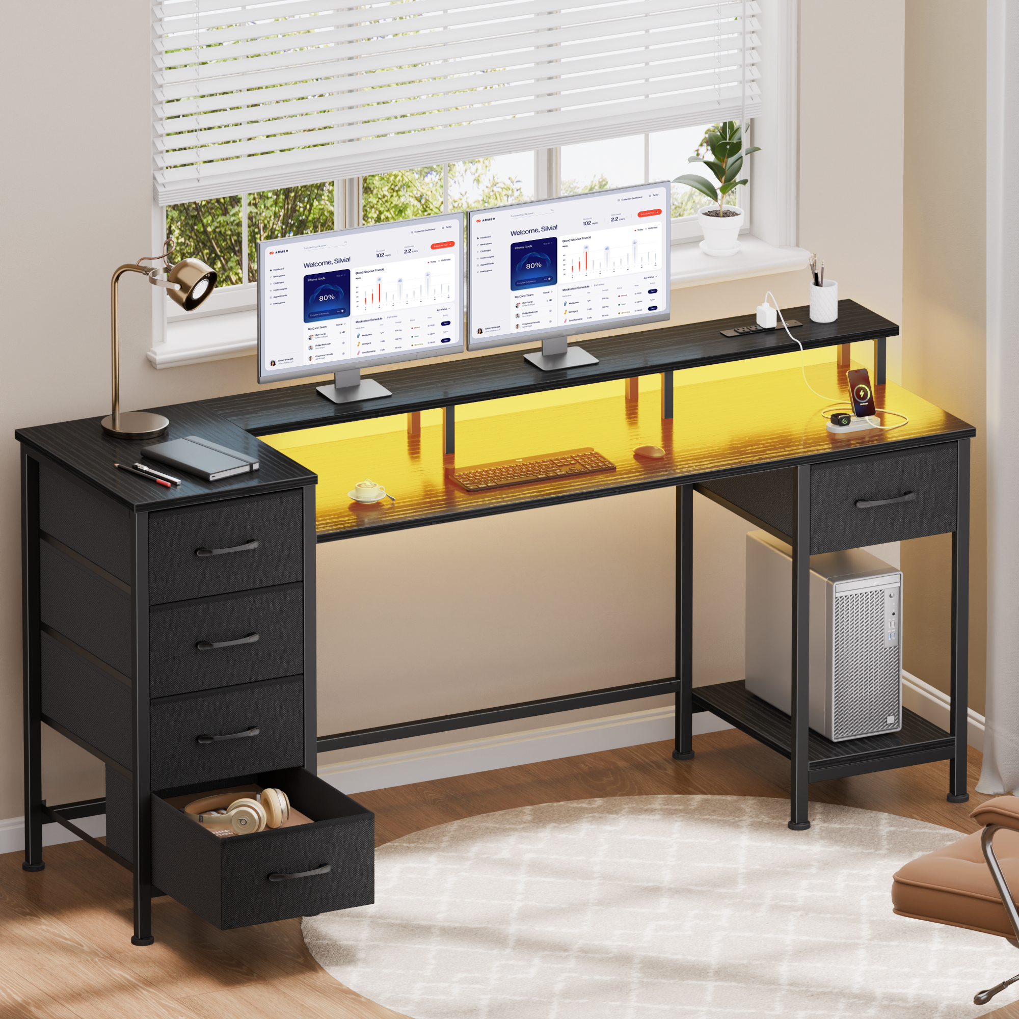 55 Inch Black Computer Desk with Charging Station Reversible Gaming Desk LED Lights Fabric Drawers Home Office Writing Table Bedroom Study Storage