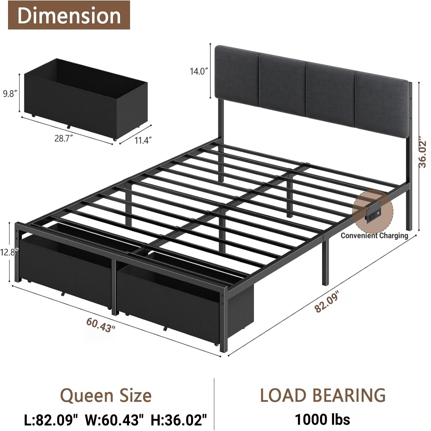 Furnulem Bed Frame with LED Headboard, Charging Station & Storage Drawers
