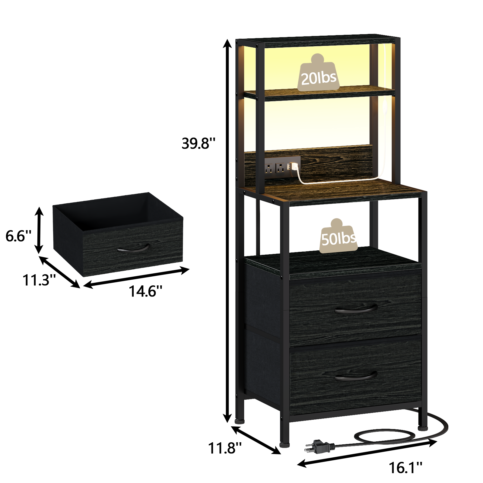 Furnulem Night Stand, Tall Nightstand with 4-Tier Shelves, 2 Fabric Drawers and Light Tube, Bed Side Tables with Charging Station, Bedside Table for Bedroom, Office, Rustic Brown