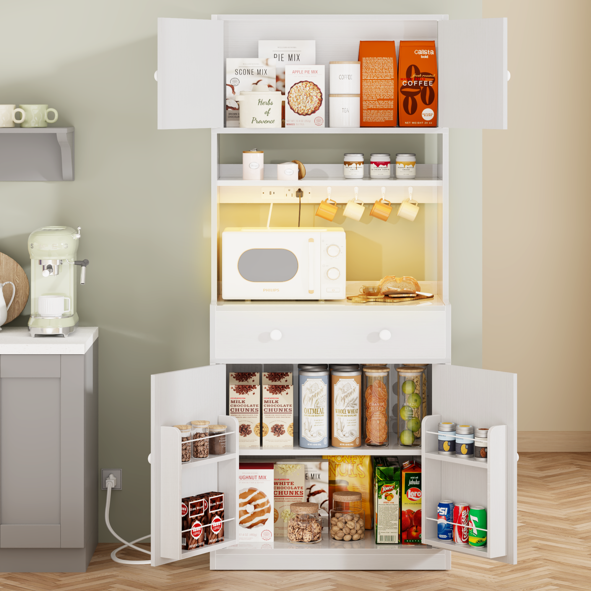 Qwatto 71'' Kitchen Pantry Storage Cabinet Farmhouse Freestanding Microwave Stand with Hutch Doors and Drawers for Dining Room and Coffee Bar