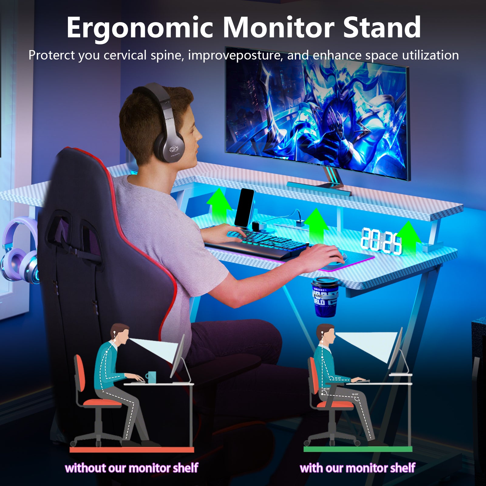 40 inch White Gaming Desk Pro Setup L Shaped Computer Table with Monitor Stand 3 Tier Storage Shelves Carbon Fiber Gamer
