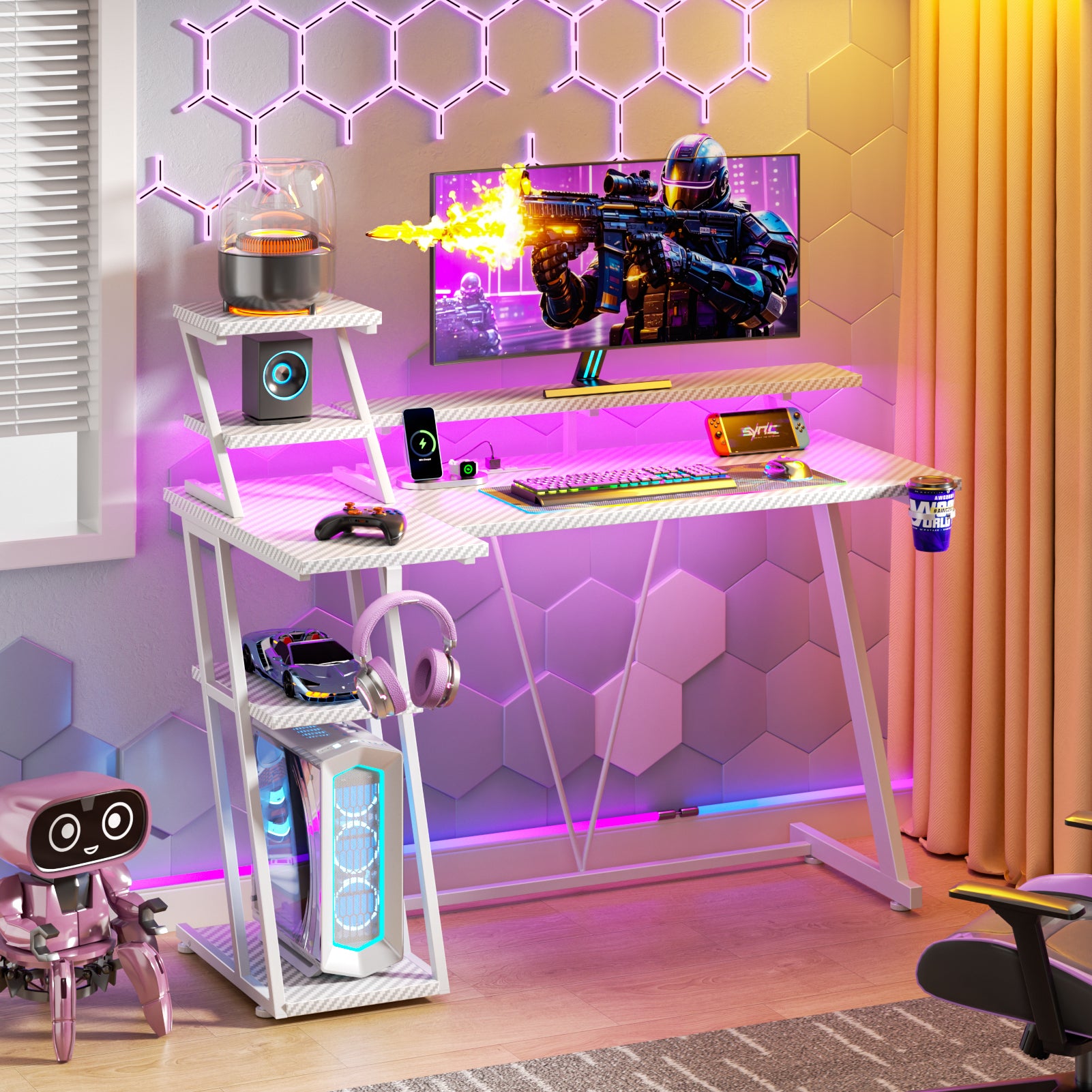 39 inch L Shaped Gaming Desk with LED Lights and Power Outlet White Small Spaces Corner Computer Table with Monitor Stand Storage Shelves Gamer Desk