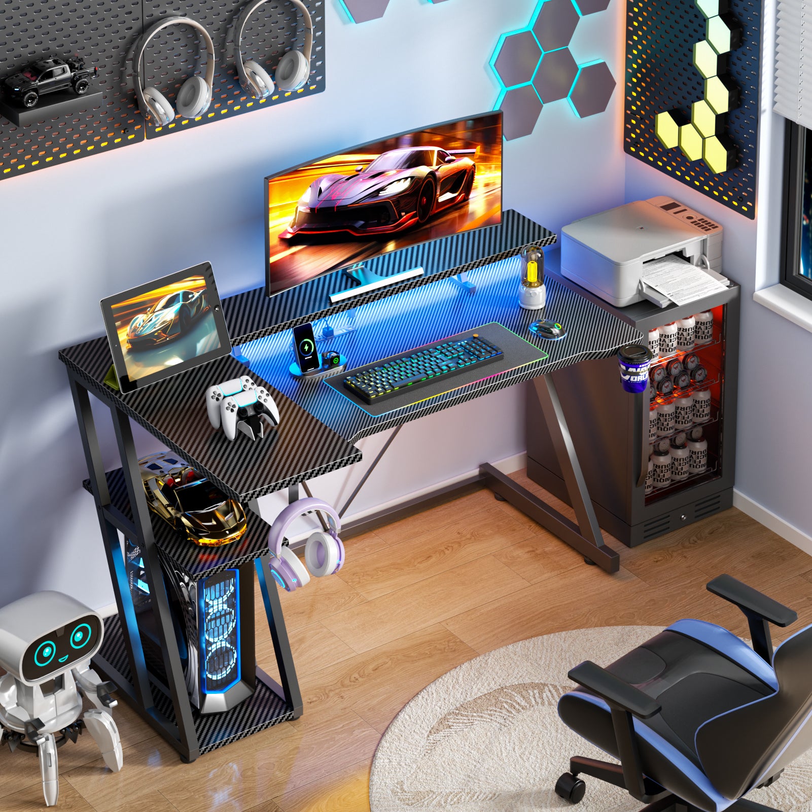 47 inch Black Gaming Desk L Shaped Corner Computer Table with Monitor Stand 3 Tier Storage Shelves Gamer Desk Office Space Saving Workstation for PC