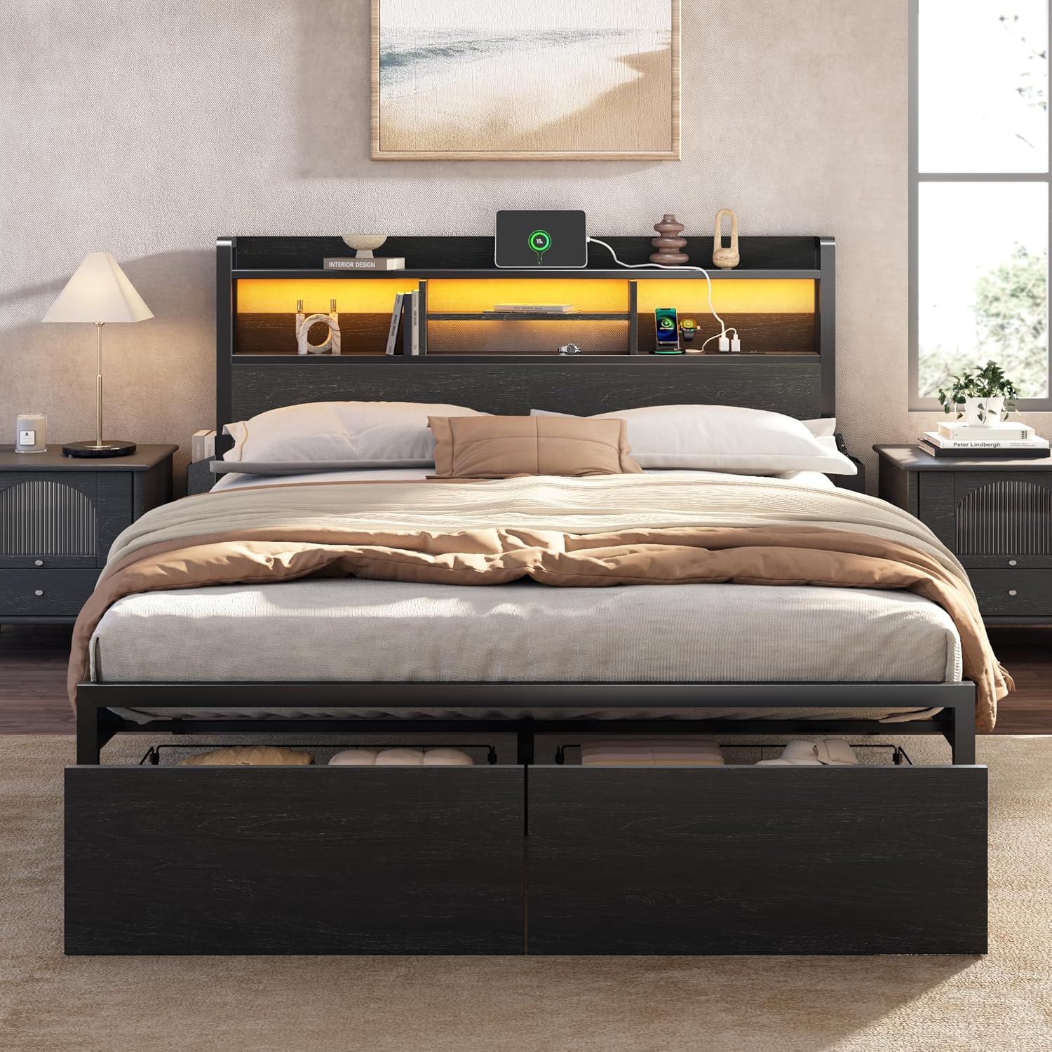Furnulem Full Size Bed Frame with Wood Headboard Metal Platform Bed Frame Full Size with 2 Storage Drawers and Shelf LED Light No Box Spring Needed