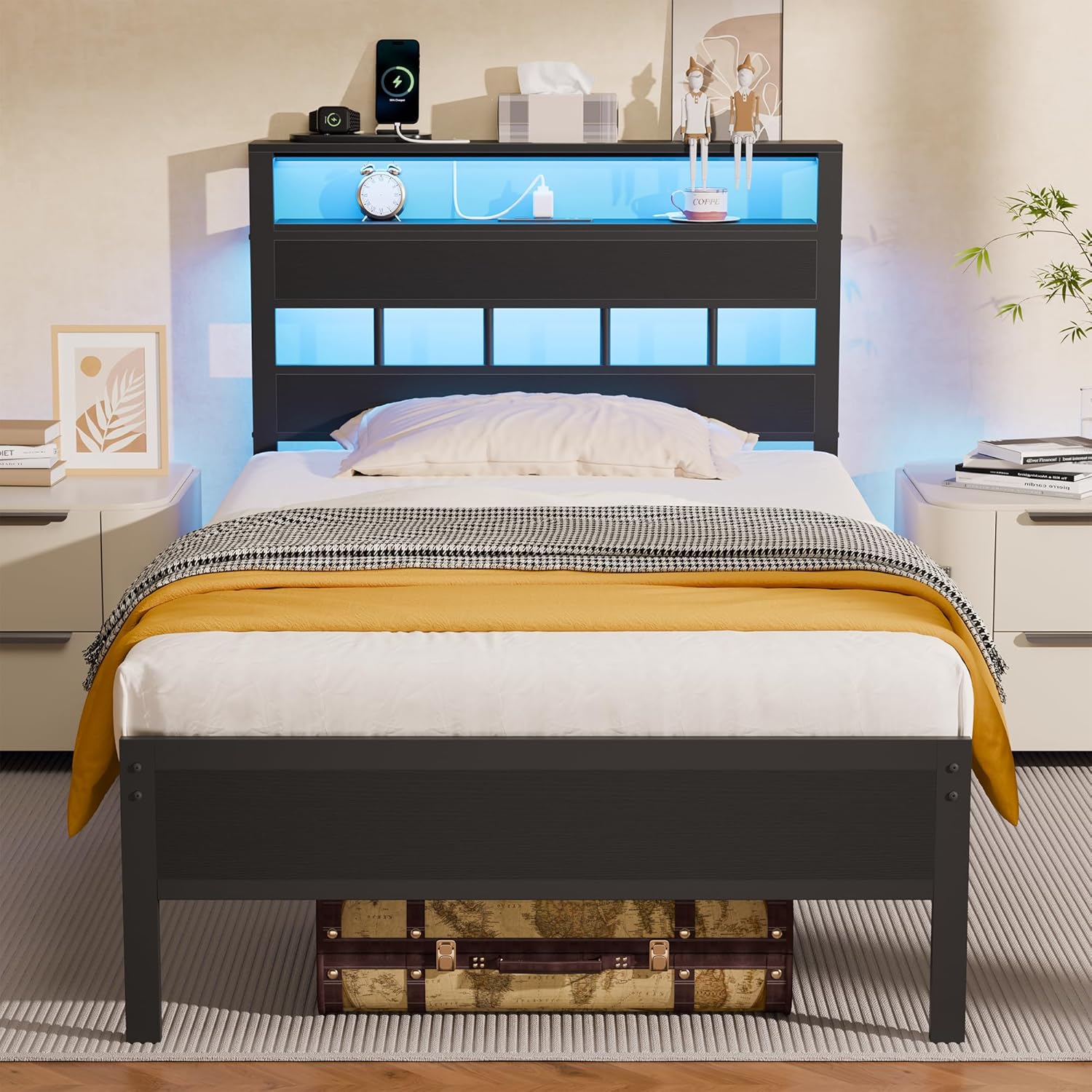 Furnulem Twin Bed Frames with Charging Station LED Light Platform Bed with Metal Slats Wood Headboard with 2Tier Storage Shelves No Box Spring Needed