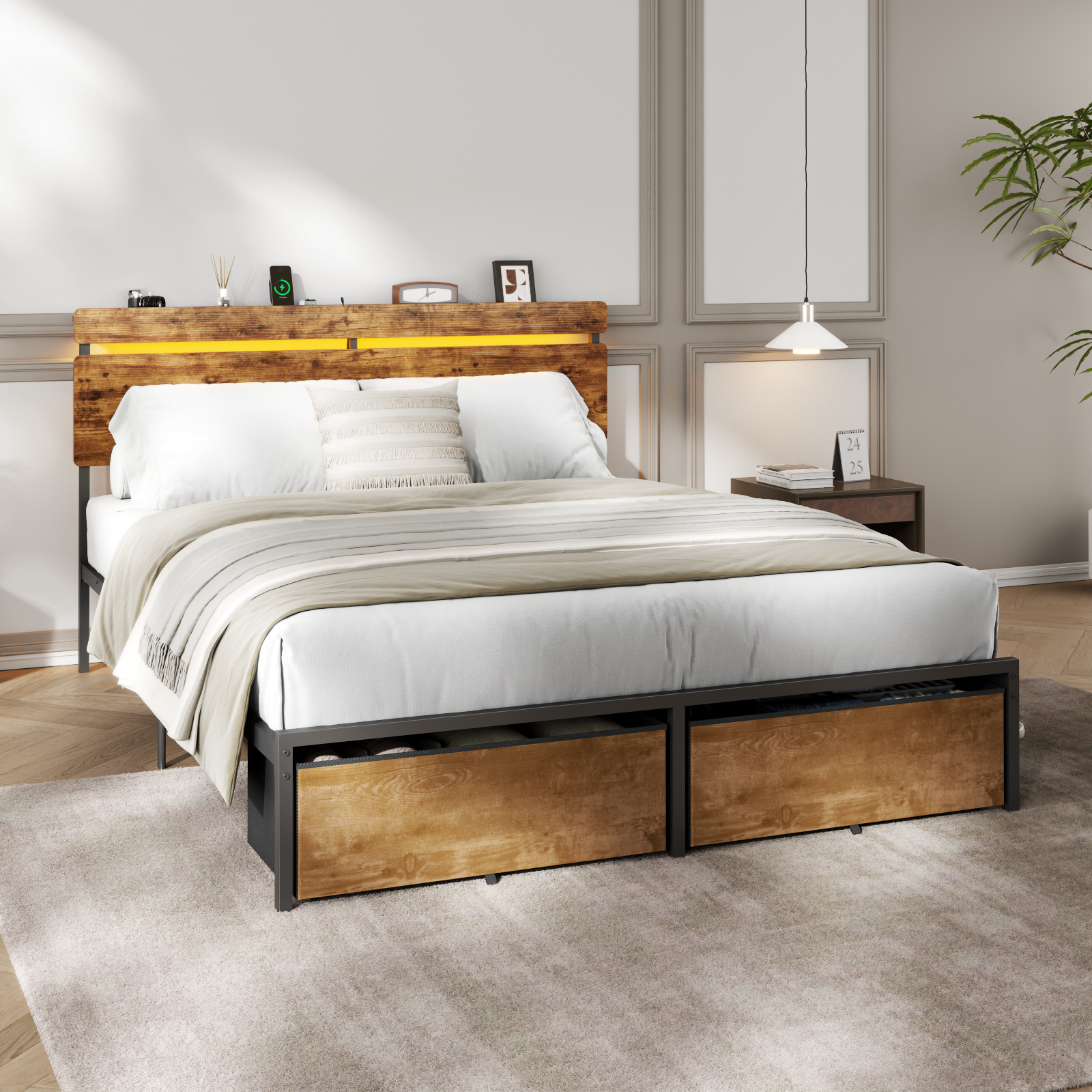 Queen Size Metal Platform Bed Frame with Storage Headboard Shelf 2 Drawers LED Lights Charging Station Vintage Brown Wood No Box Spring Needed
