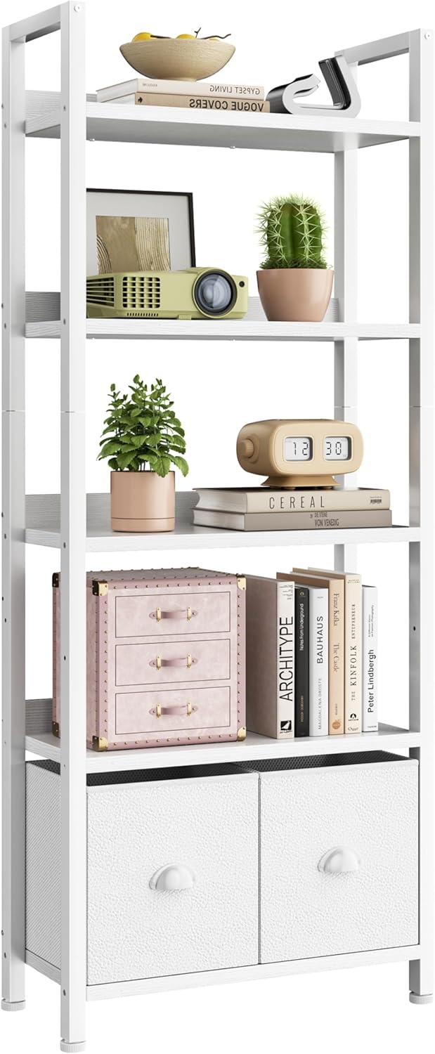 Qwatto 5 Tier Bookshelf with Drawers White Tall Wood and Metal Bookcases Modern Industrial Storage Organizers Display Shelving Unit Office Furniture