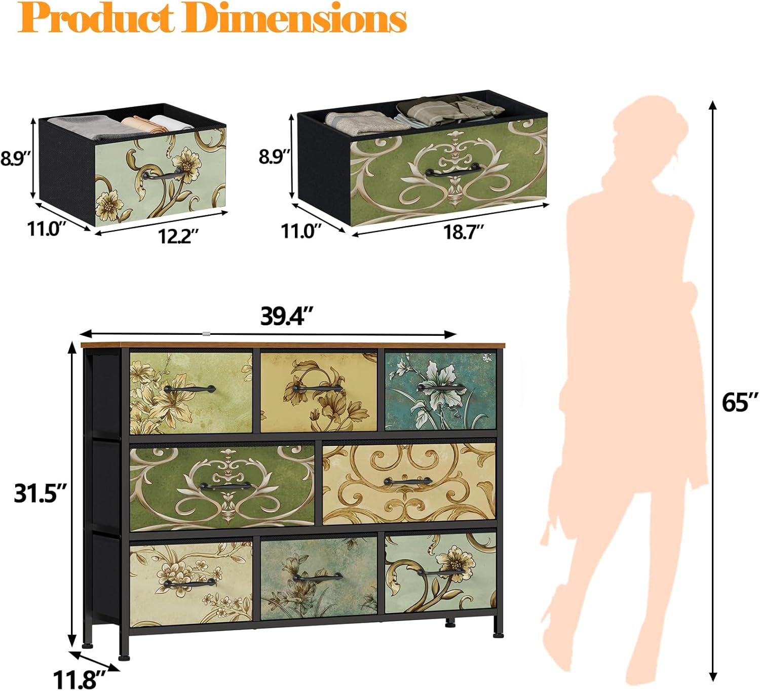 Fabric Dresser for Bedroom 8 Drawer Chest of Drawers Retro Flower Ideal for Adults Furniture for Bedroom Living Room Hallway