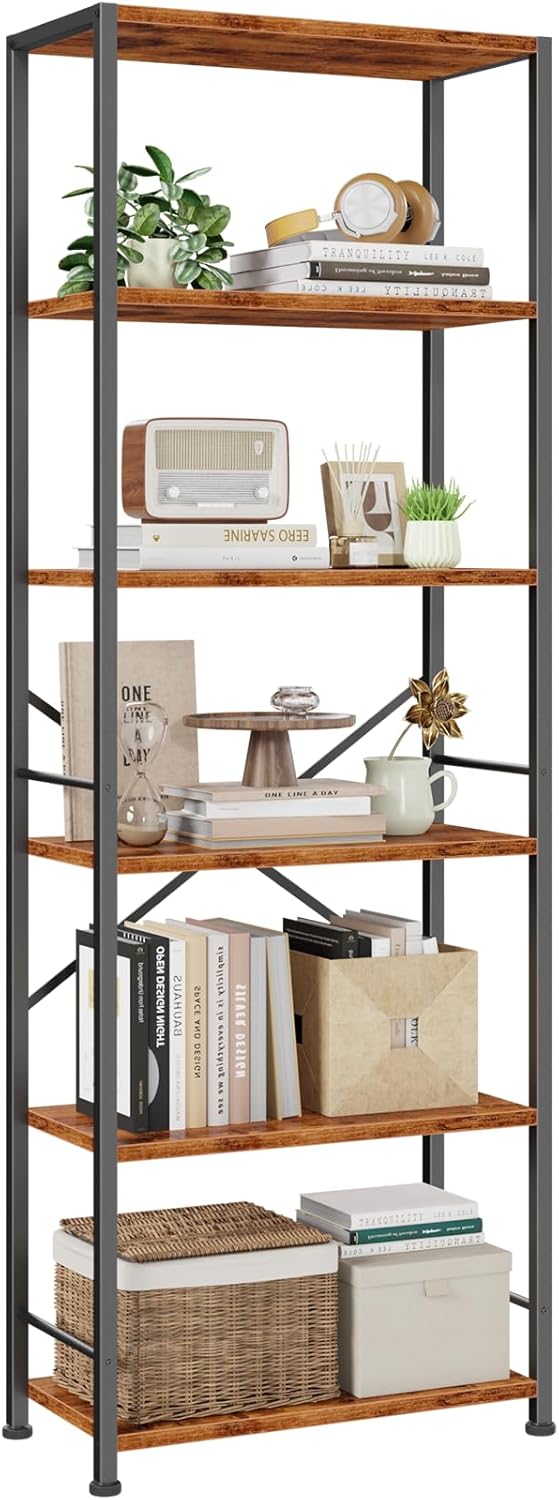 Qwatto Brown 6 Tier Tall Wide Bookshelf Industrial Wood Metal Freestanding Open Display Shelving Unit Storage Organizer Etagere Bookcase Home Office
