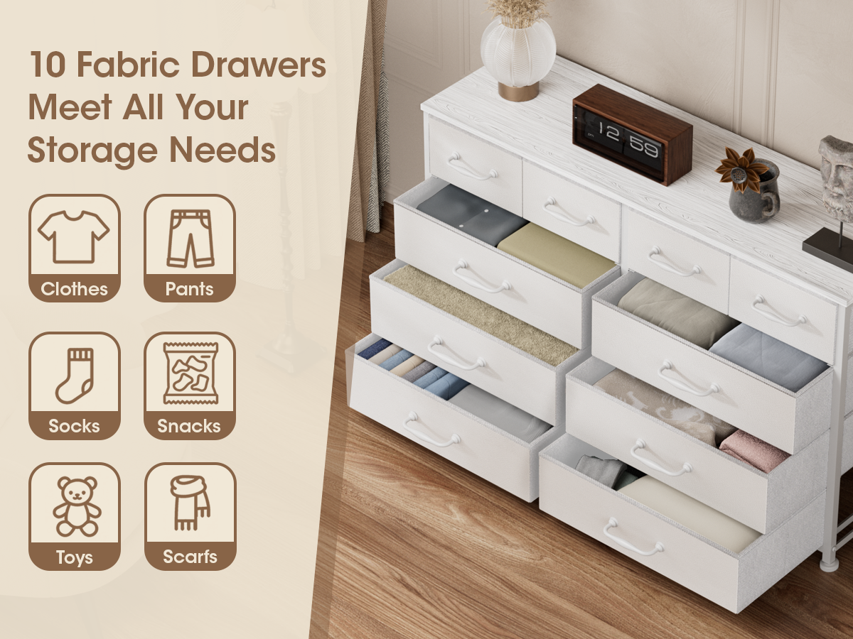 White Dresser for Bedroom with 10 Drawer Entertainment Center for 40-45-50 inch Modern Tv Stand & Chest of Drawers for Living Room Hallway Entryway