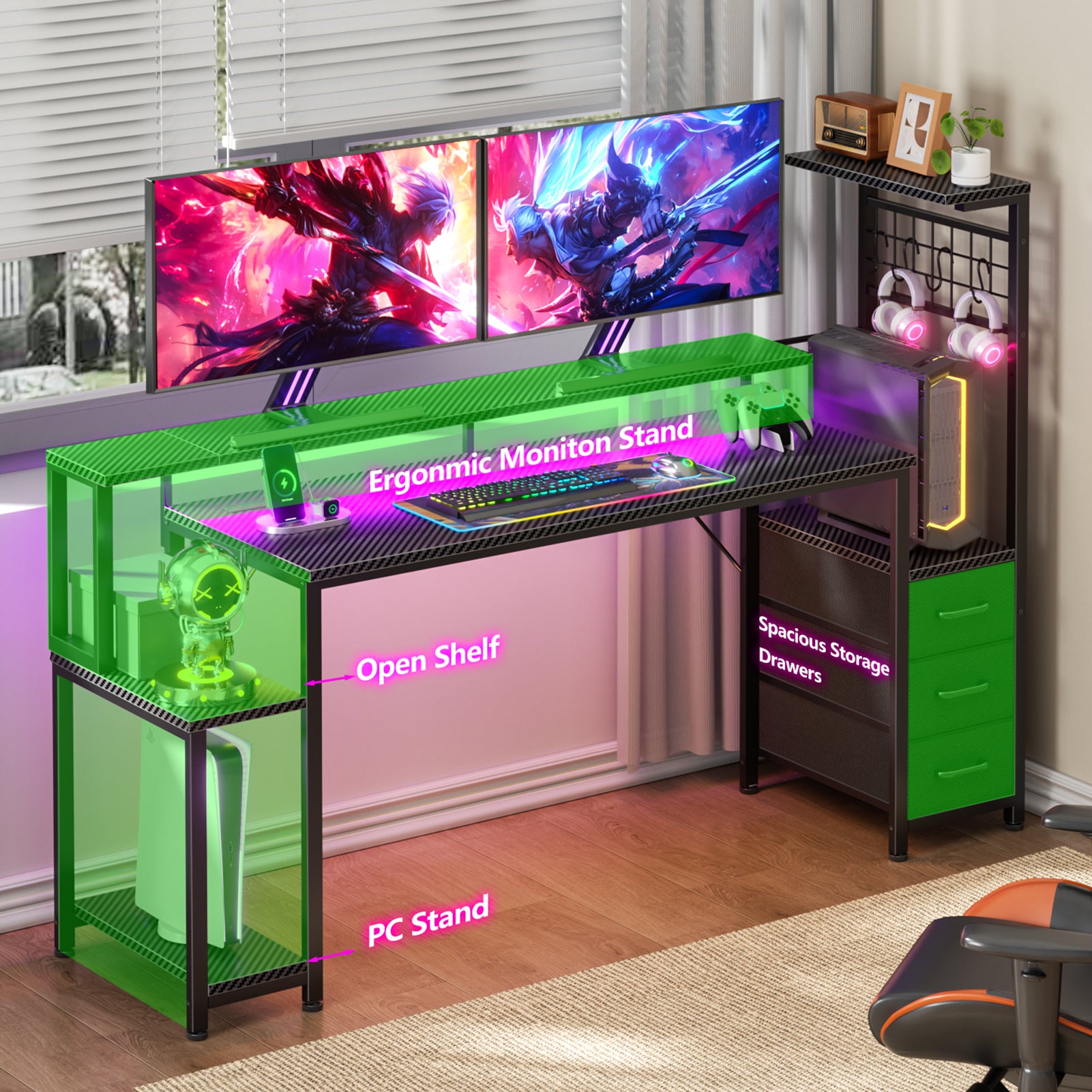 63 Inch Gaming Computer Desk Workstation with Fabric Storage Drawers Monitor Stand and Reversible Setup for Home Office Bedroom Classic Black Finish