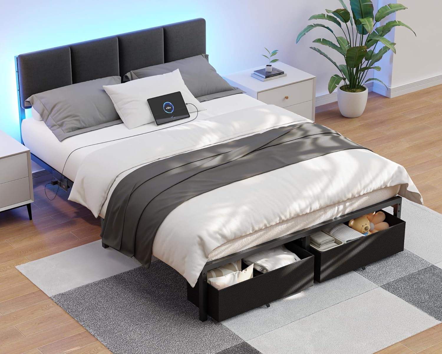 Furnulem Bed Frame with LED Headboard, Charging Station & Storage Drawers